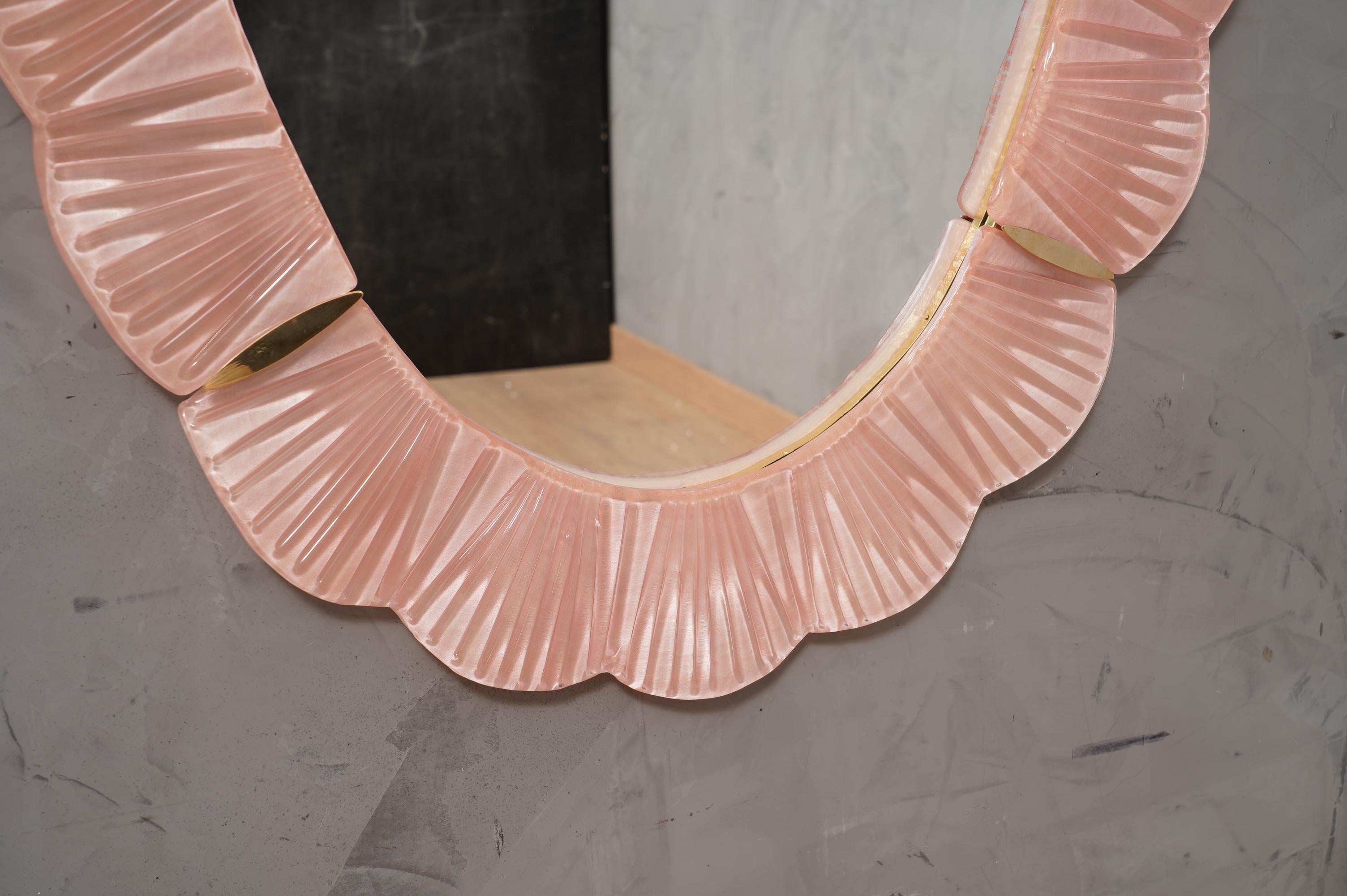 Murano Pink Glass and Brass Wall Mirror, 1990 For Sale 1