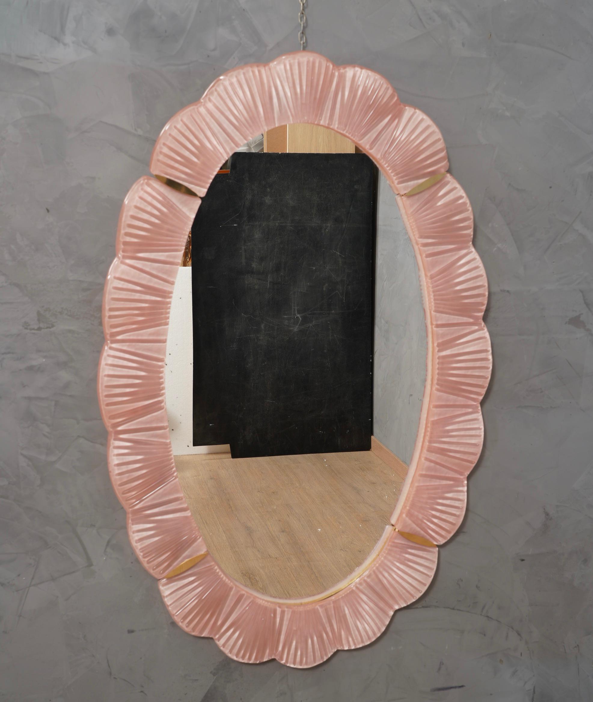 Murano Pink Glass and Brass Wall Mirror, 1990 For Sale 3