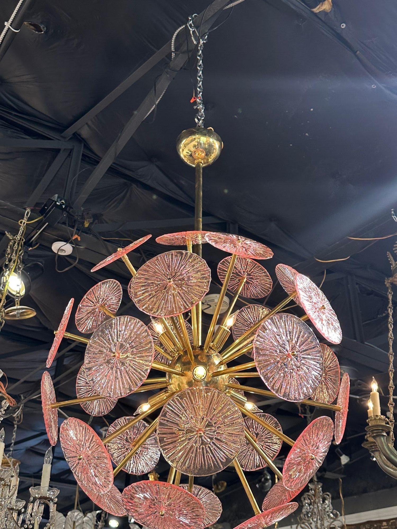 Lustre Sputnik à disque en verre rose de Murano en vente 2