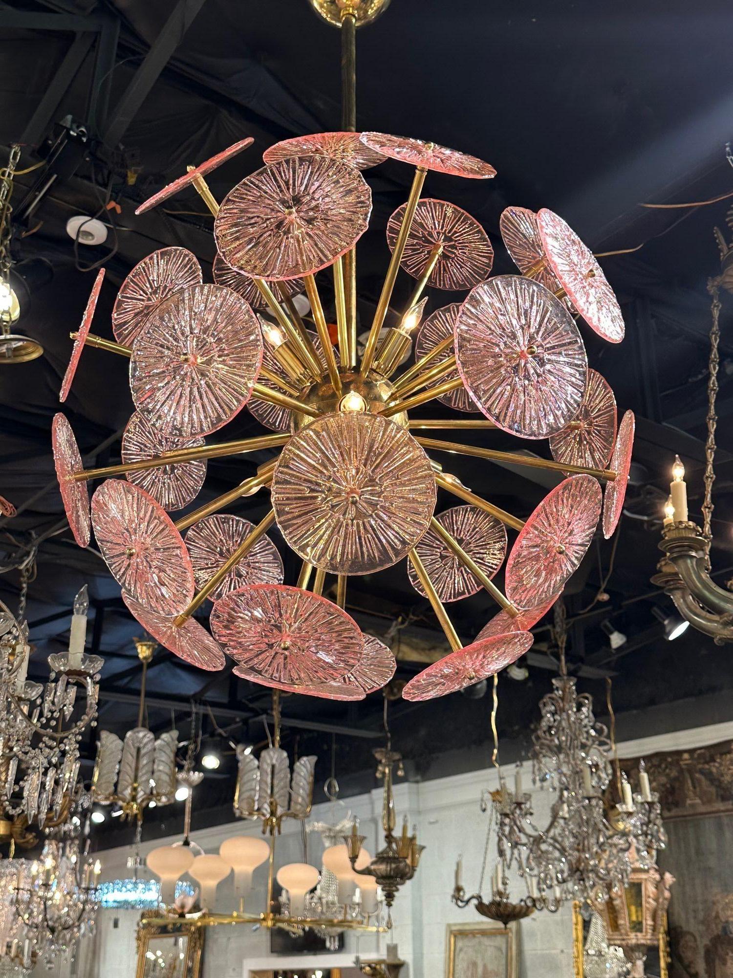 Lustre Sputnik à disque en verre rose de Murano en vente 3