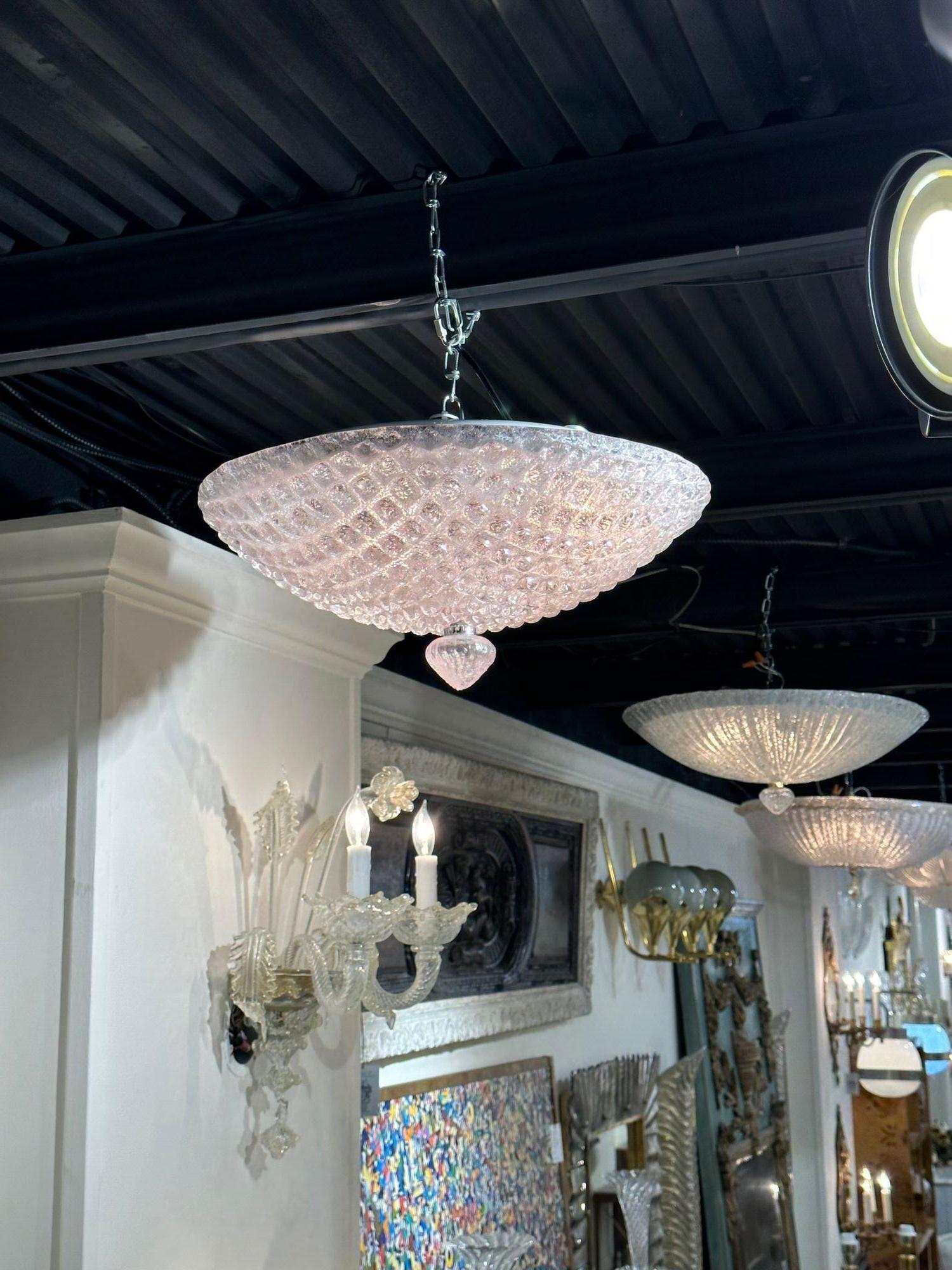 Modern Murano pink glass flush mount chandelier. circa 2000. The chandelier has been professionally re-wired, cleaned and is ready to hang. Includes matching chain and canopy.