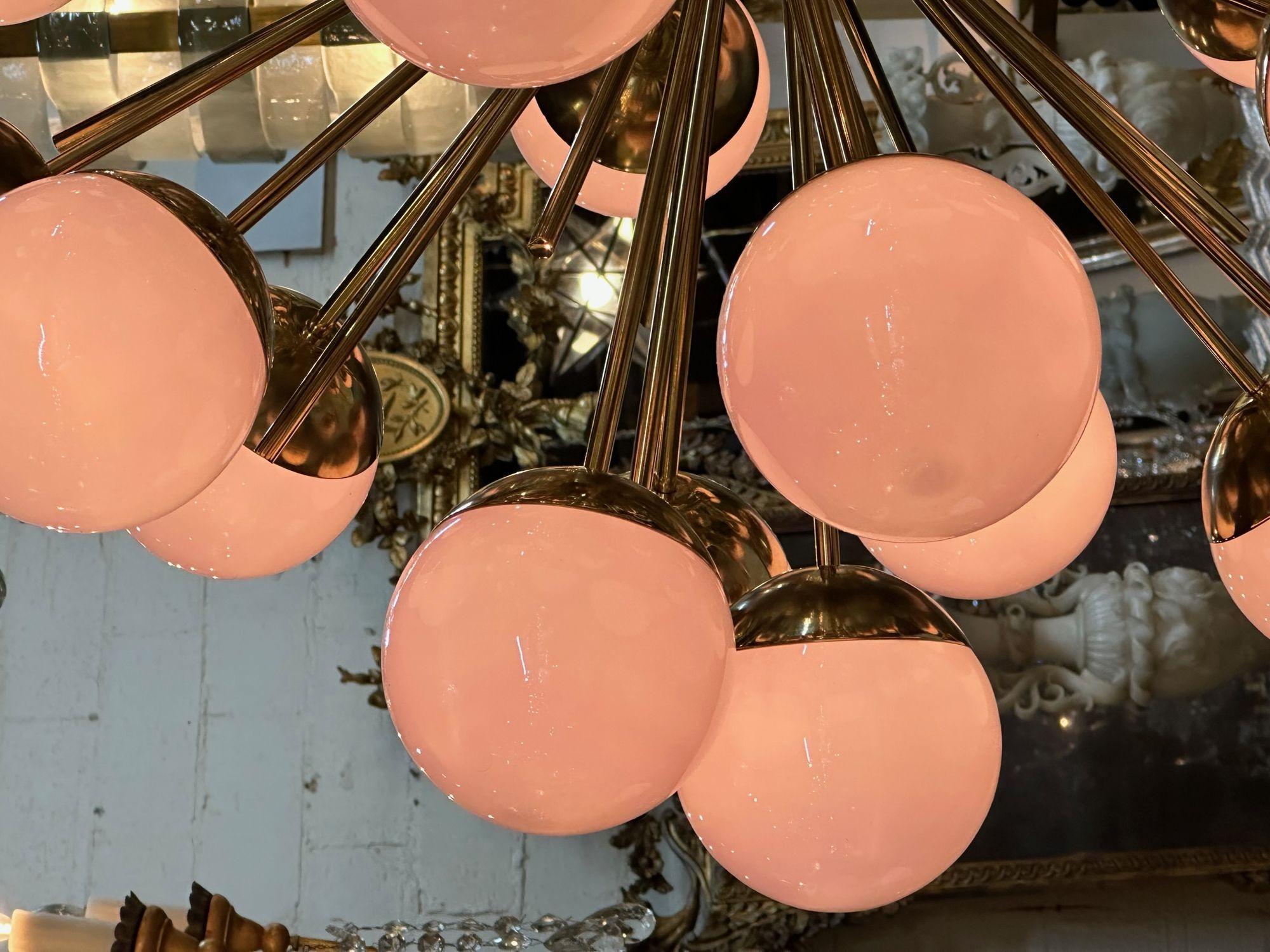 Brass Murano Pink Glass Globe Sputnik Chandelier