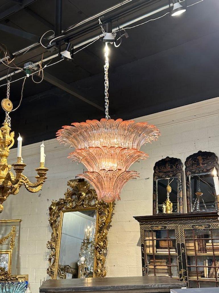 Modern Murano pink glass Palmette chandelier. The chandelier has been professionally rewired, comes with matching chain and canopy. It is ready to hang!