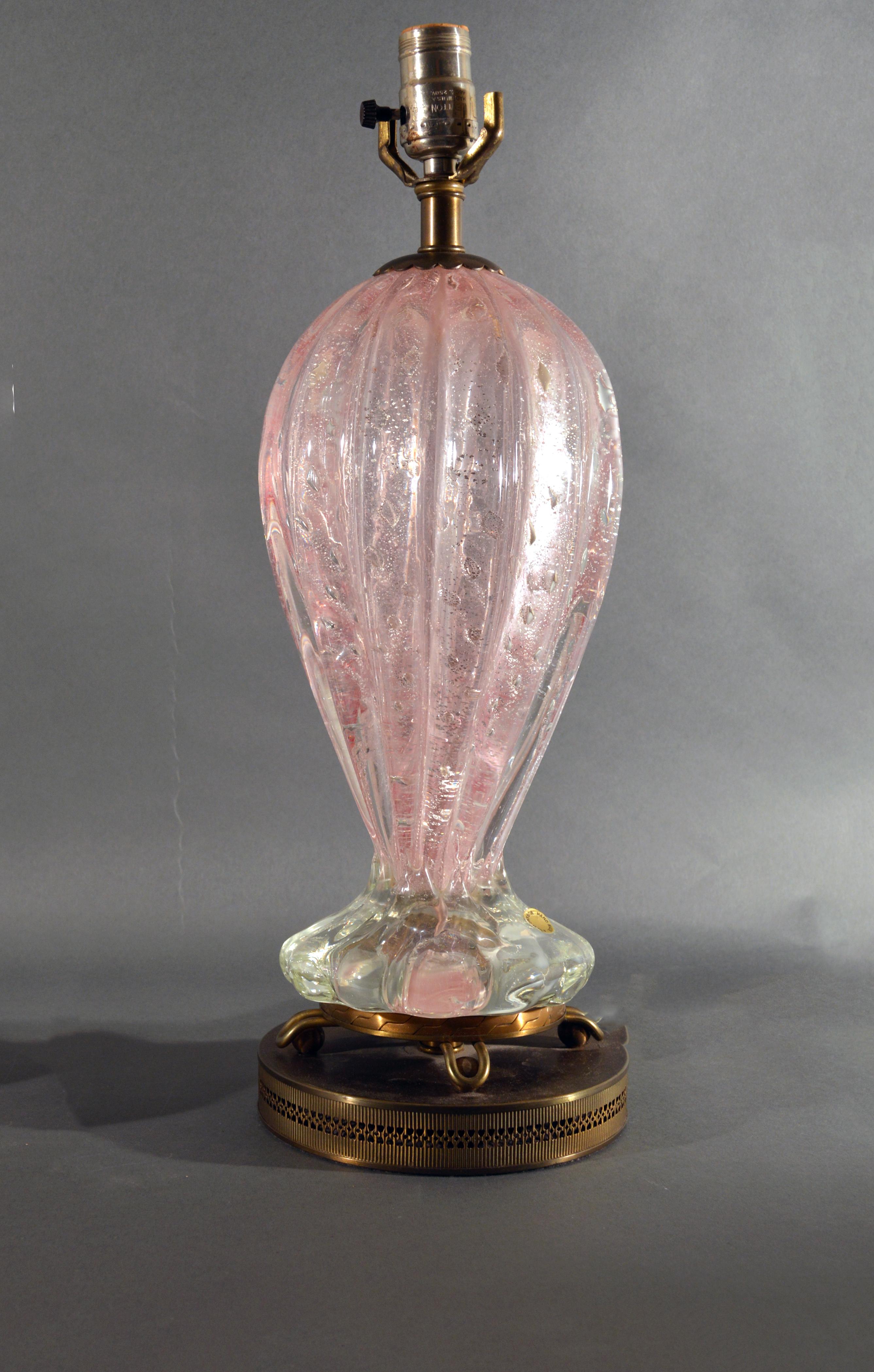 Mid-Century Modern Murano Pink Glass with Bullicante and Silver Flakes Pair of Table Lamps