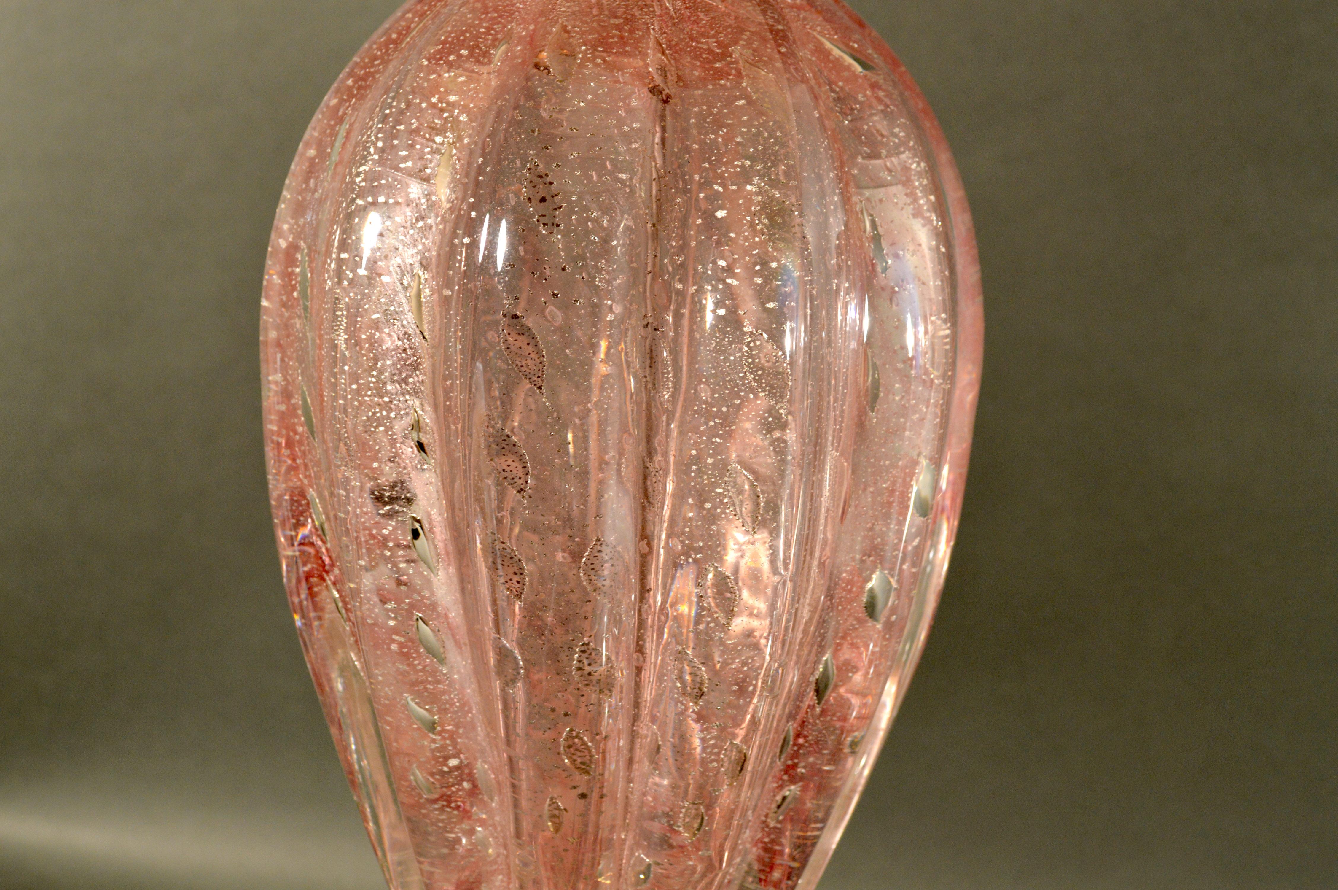 Italian Murano Pink Glass with Bullicante and Silver Flakes Pair of Table Lamps