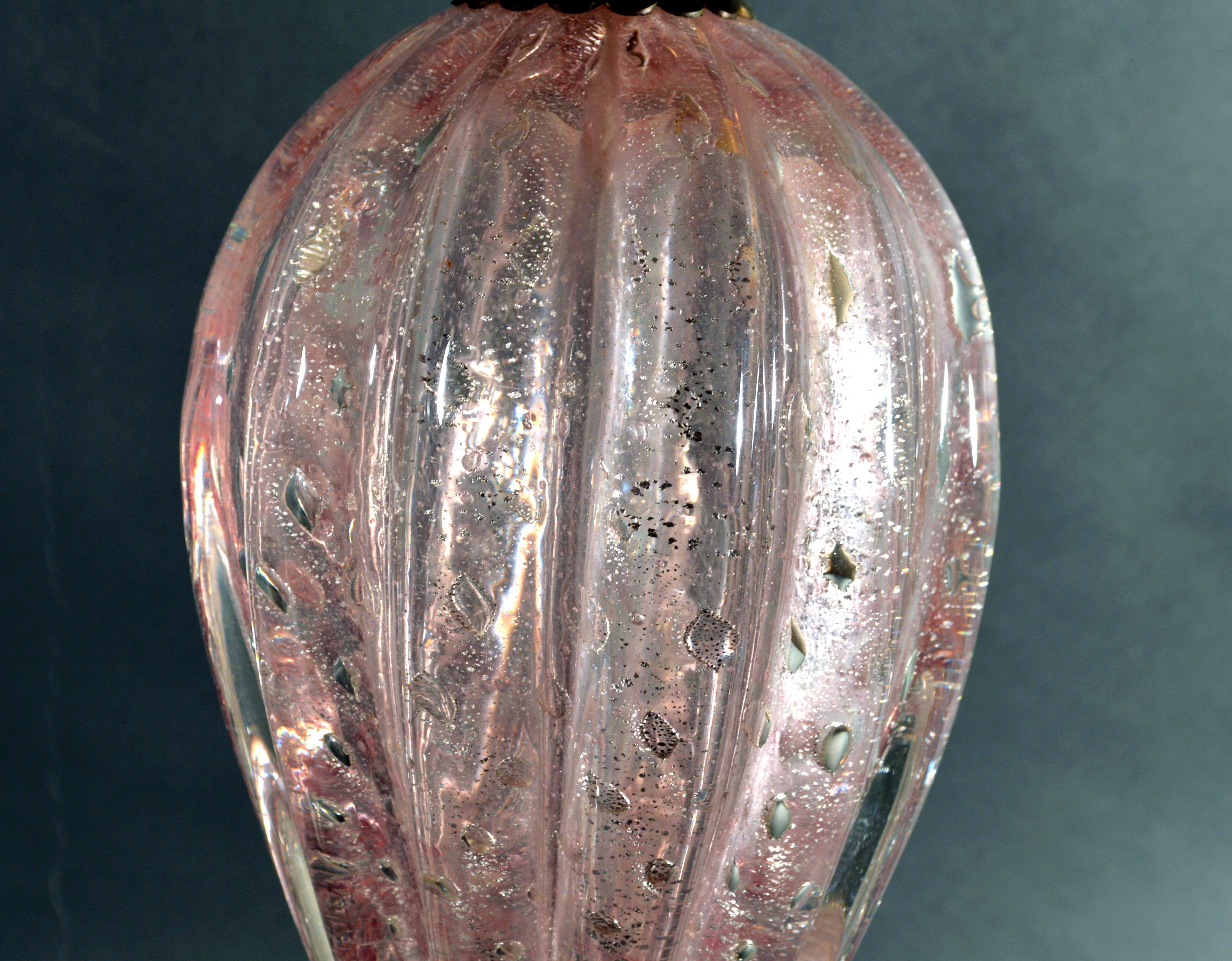 Murano Pink Glass with Bullicante and Silver Flakes Pair of Table Lamps 2