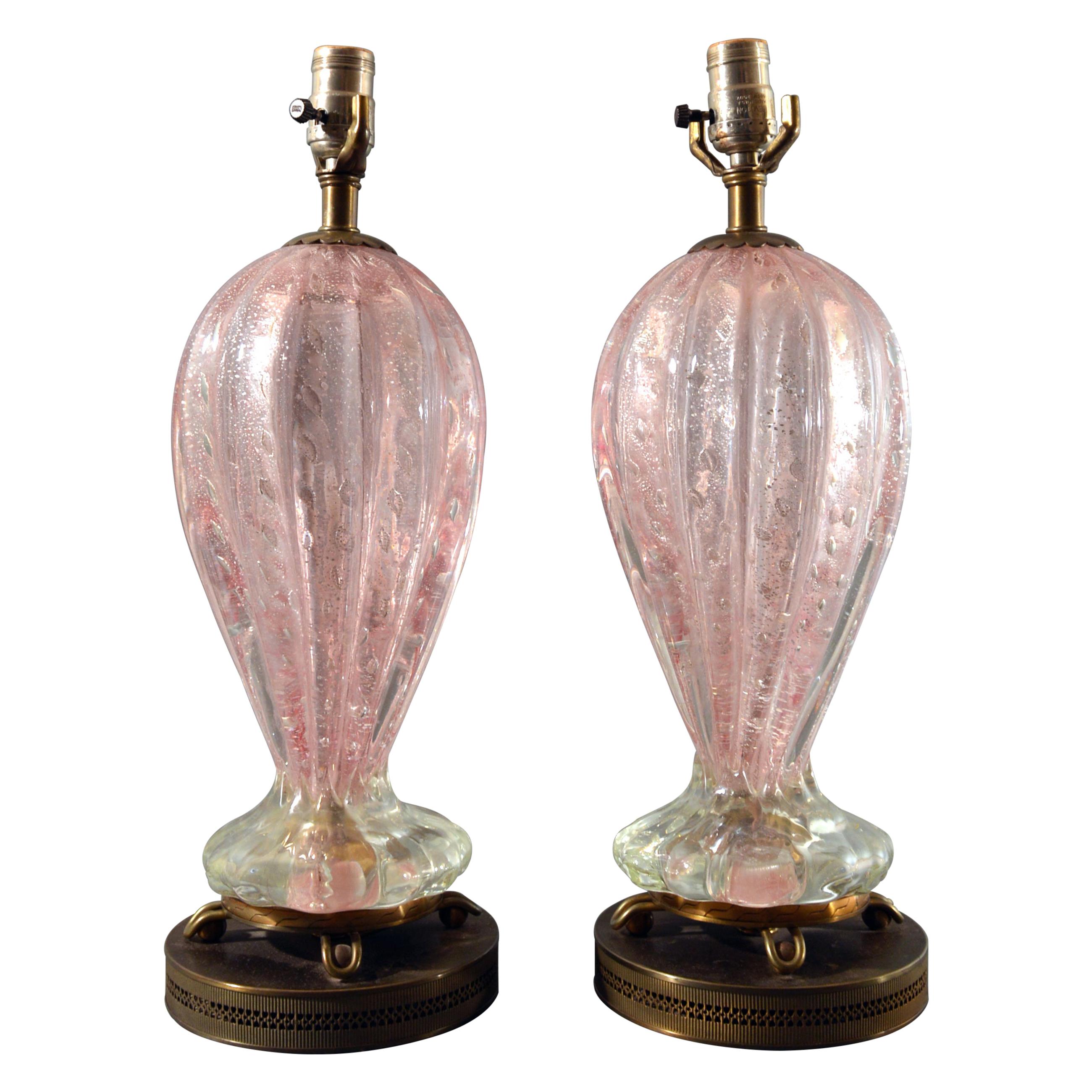 Murano Pink Glass with Bullicante and Silver Flakes Pair of Table Lamps