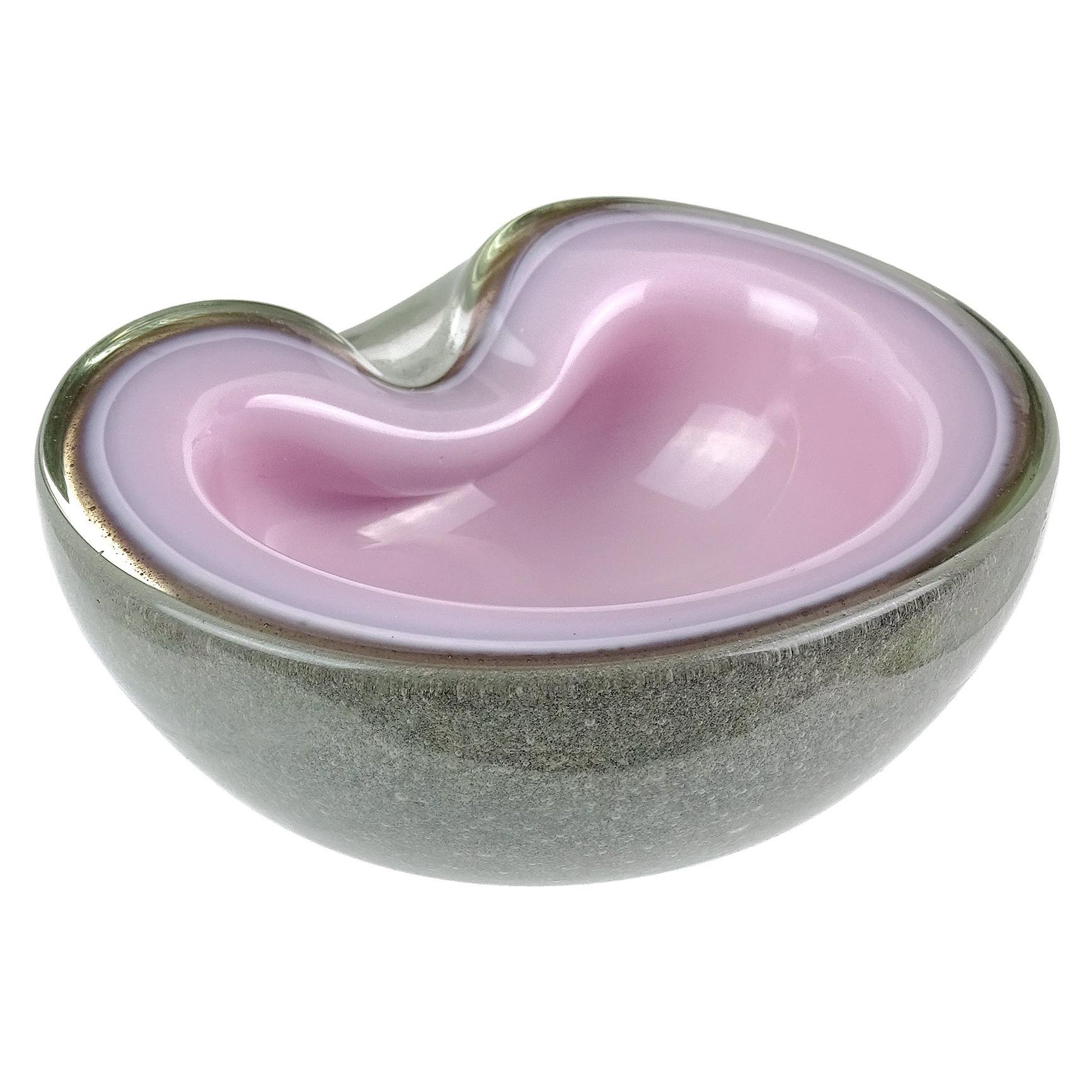 Murano Pink Gray Pulegoso Bubbles Italian Art Glass Mid Century Bowl Vide Poche For Sale