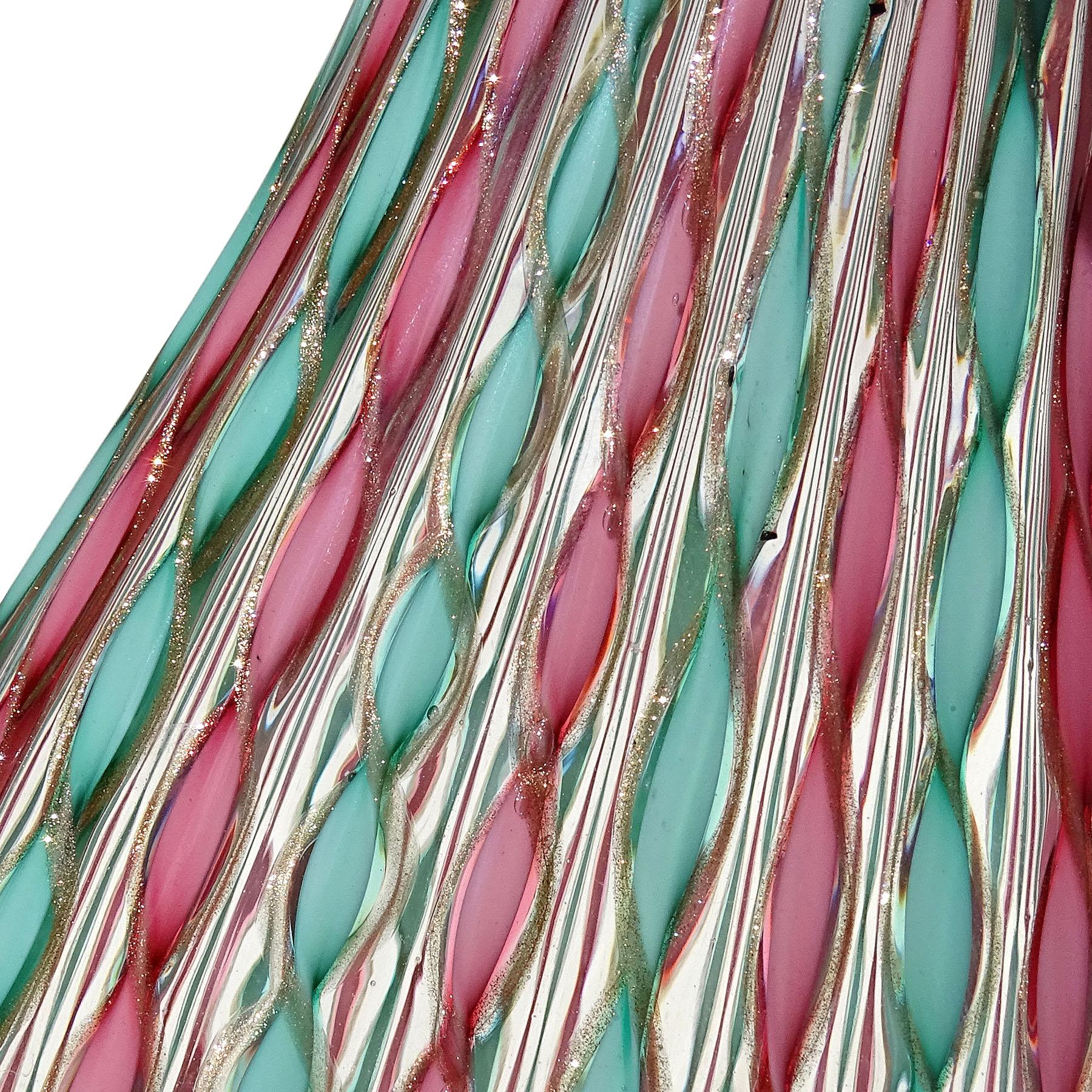 Murano Pink Green Aventurine Ribbons Italian Art Glass Mid-Century Flower Vase For Sale 1