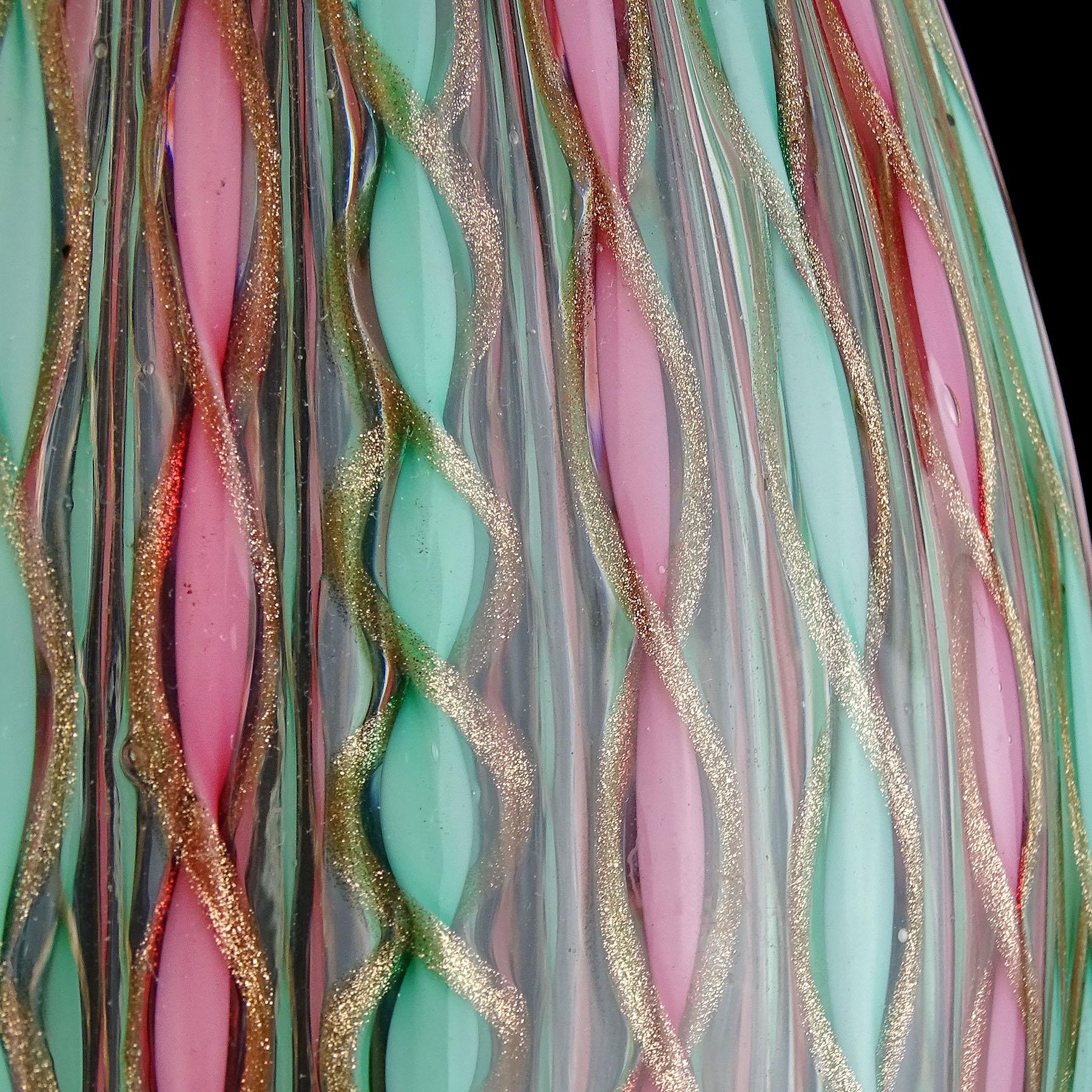 Murano Pink Green Aventurine Ribbons Italian Art Glass Mid-Century Flower Vase For Sale 2