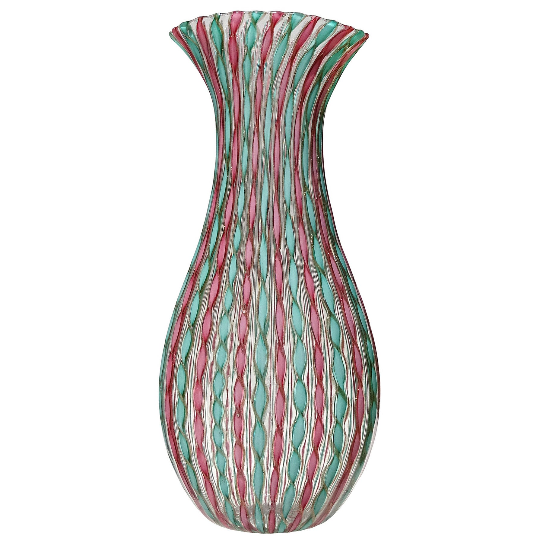 Vase à fleurs italien du milieu du siècle dernier en verre d'art de Murano rose, vert et rubans d'aventurine