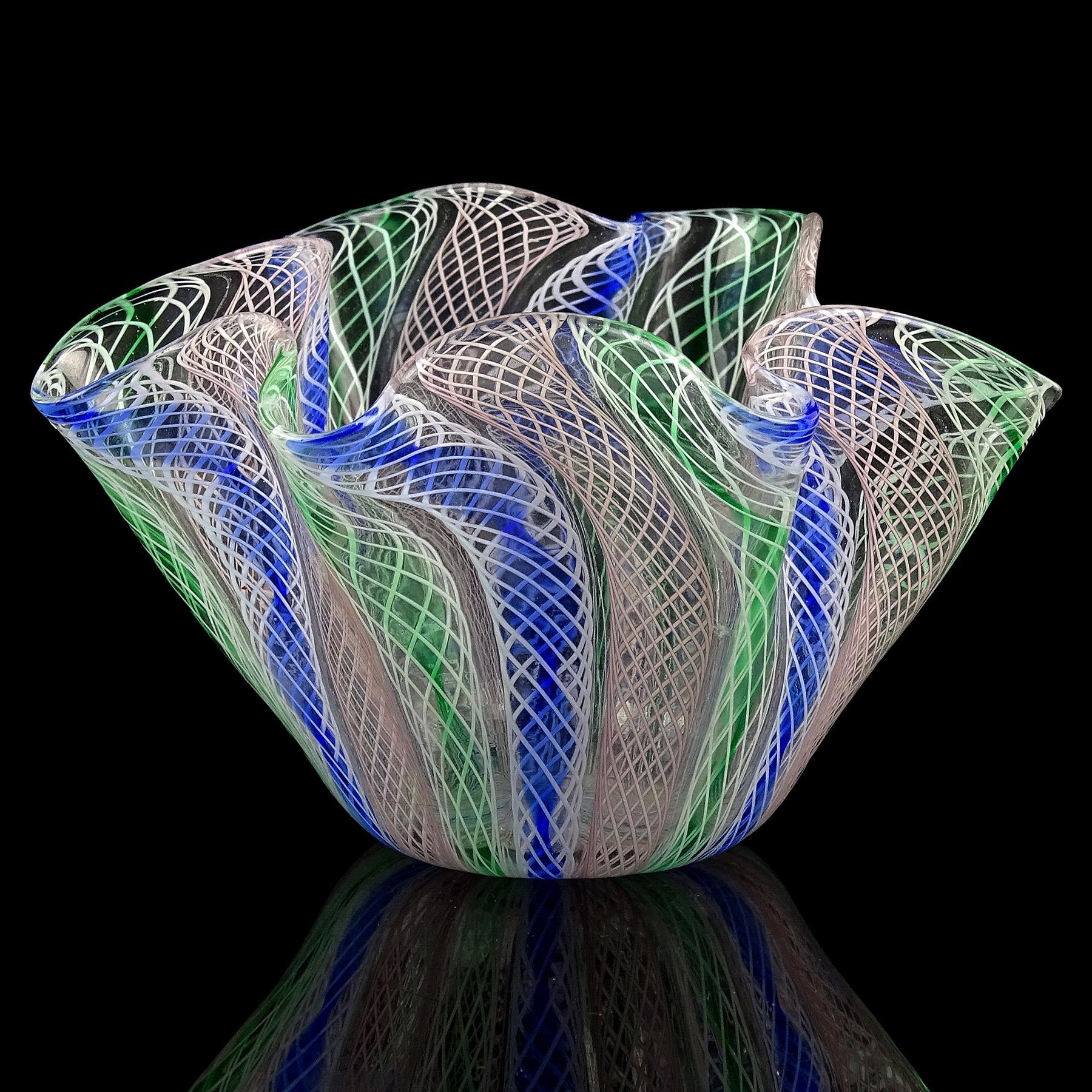 Beautiful vintage Murano hand blown pink, blue, green and white ribbons Italian art glass handkerchief / fazzoletto vase. Created in the manner of the Venini and Fratelli Toso companies. This is a small sample, made with intricate alternating