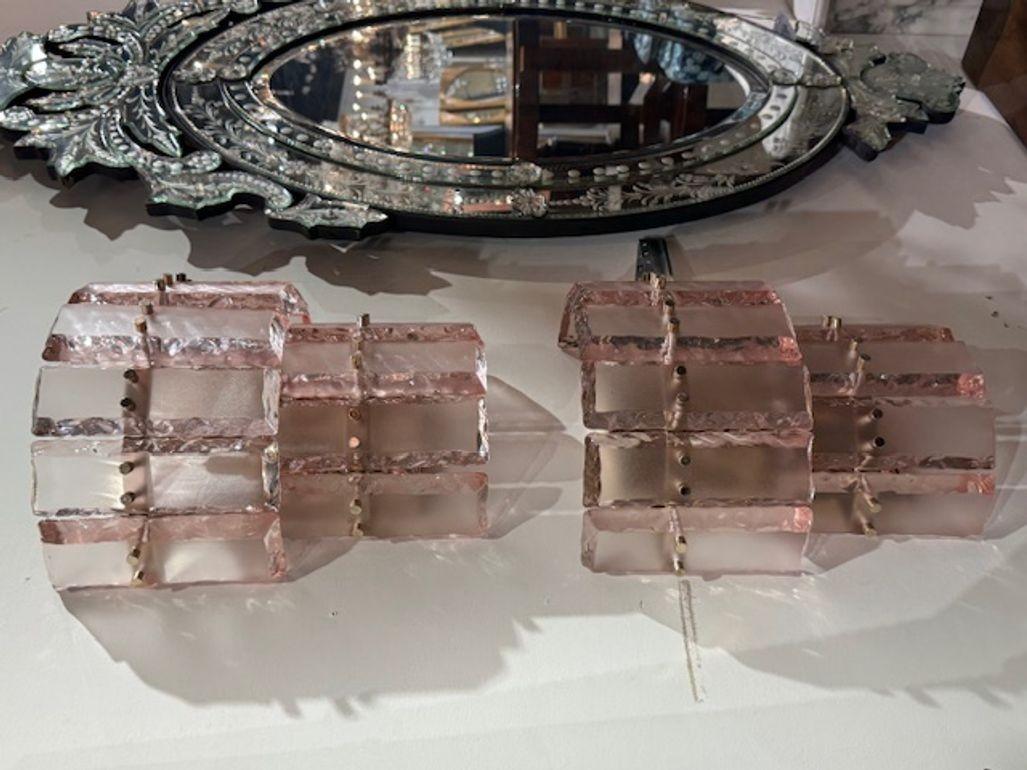 Blown Glass Murano Pink Ice Block Wall Sconces For Sale