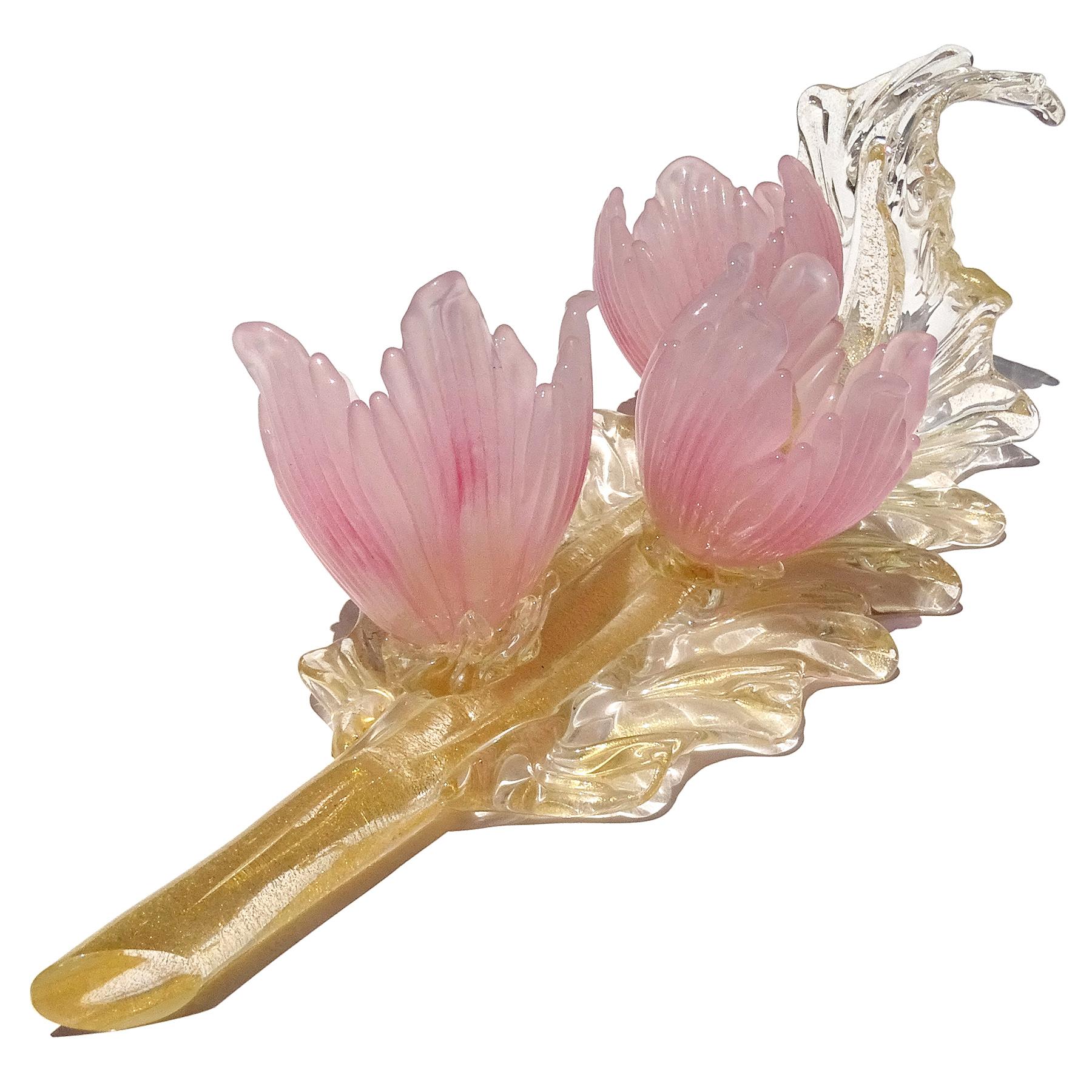 Murano Pink Opal Flowers Gold Flecks Italian Art Glass Centerpiece Sculpture For Sale 4