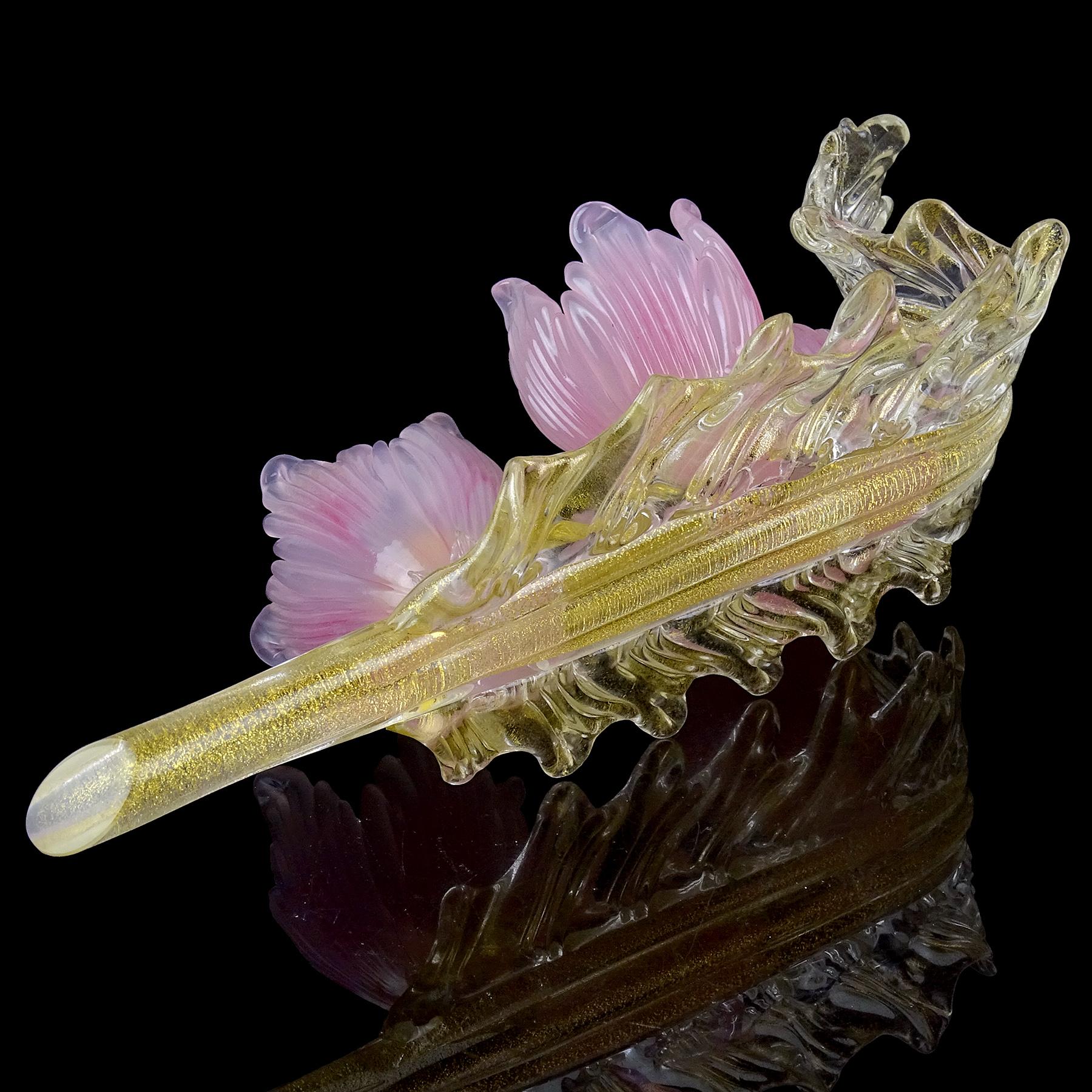 Murano Pink Opal Flowers Gold Flecks Italian Art Glass Centerpiece Sculpture For Sale 6
