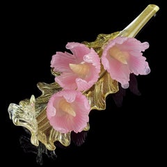 Murano Pink Opal Flowers Gold Flecks Italian Art Glass Centerpiece Sculpture