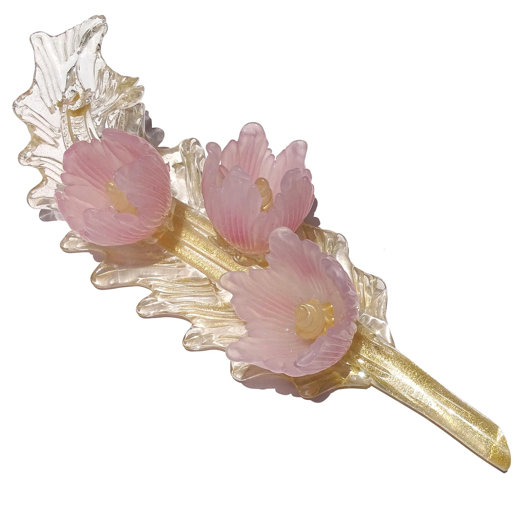Hollywood Regency Murano Pink Opal Flowers Gold Flecks Italian Art Glass Centerpiece Sculpture For Sale