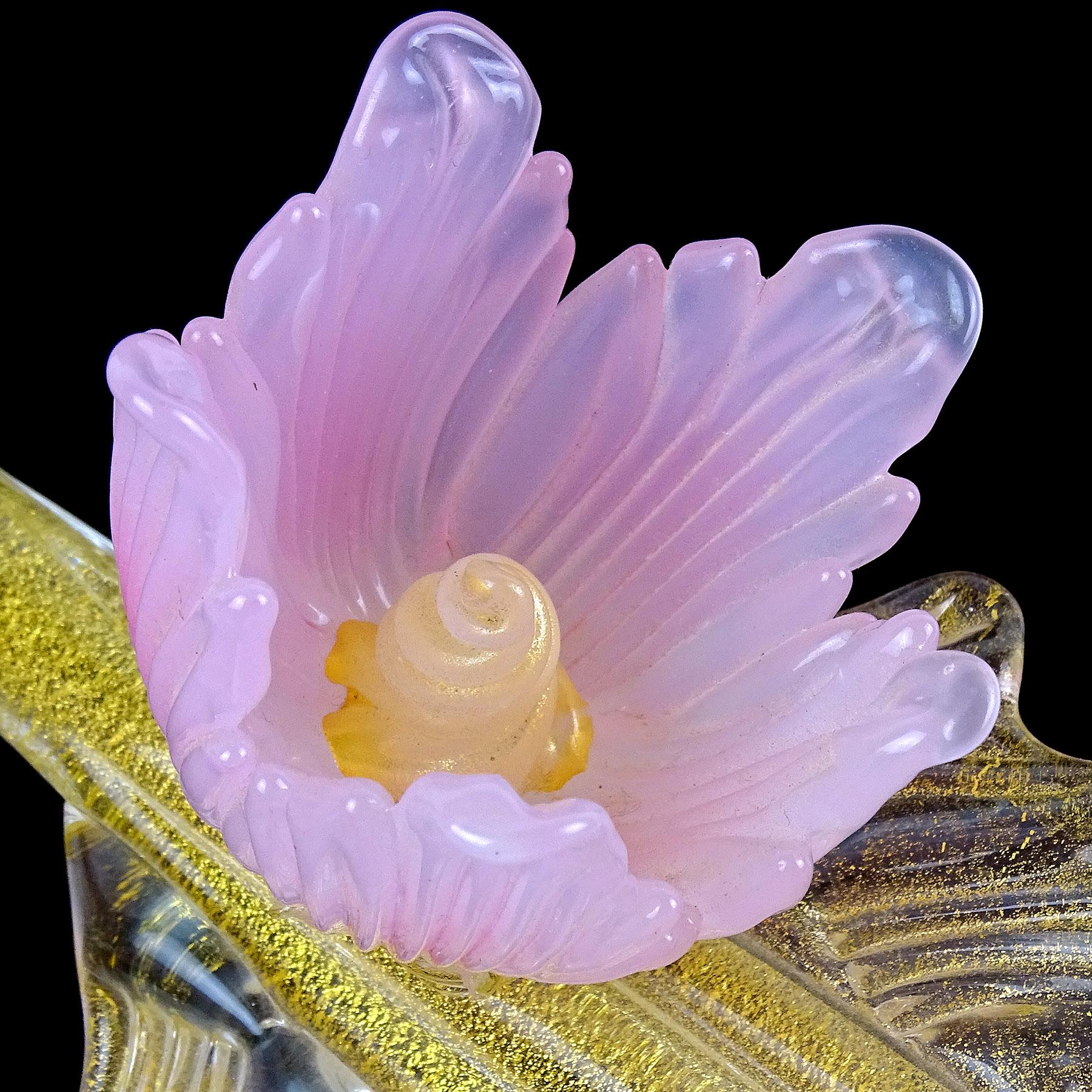 20th Century Murano Pink Opal Flowers Gold Flecks Italian Art Glass Centerpiece Sculpture For Sale
