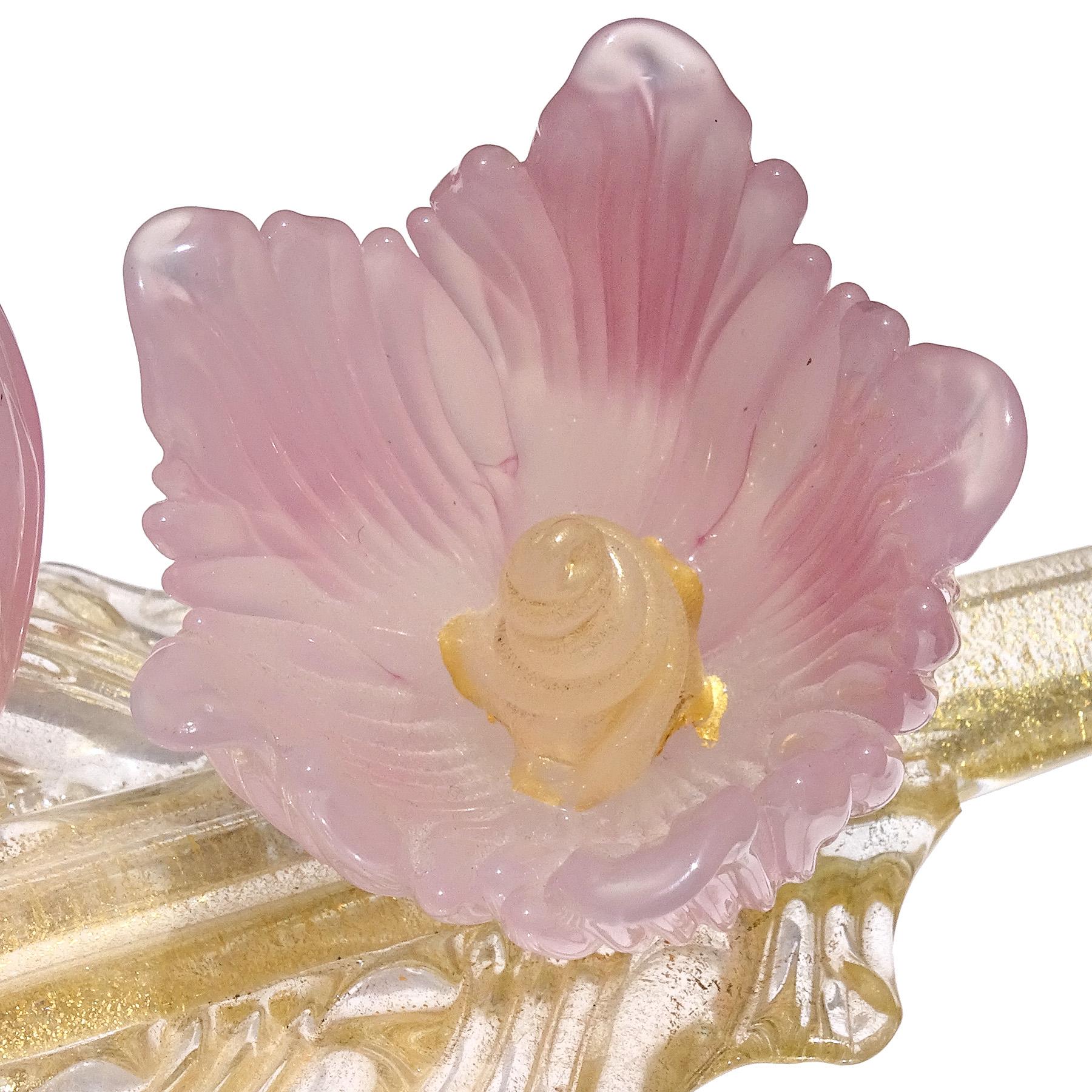 Murano Pink Opal Flowers Gold Flecks Italian Art Glass Centerpiece Sculpture For Sale 1