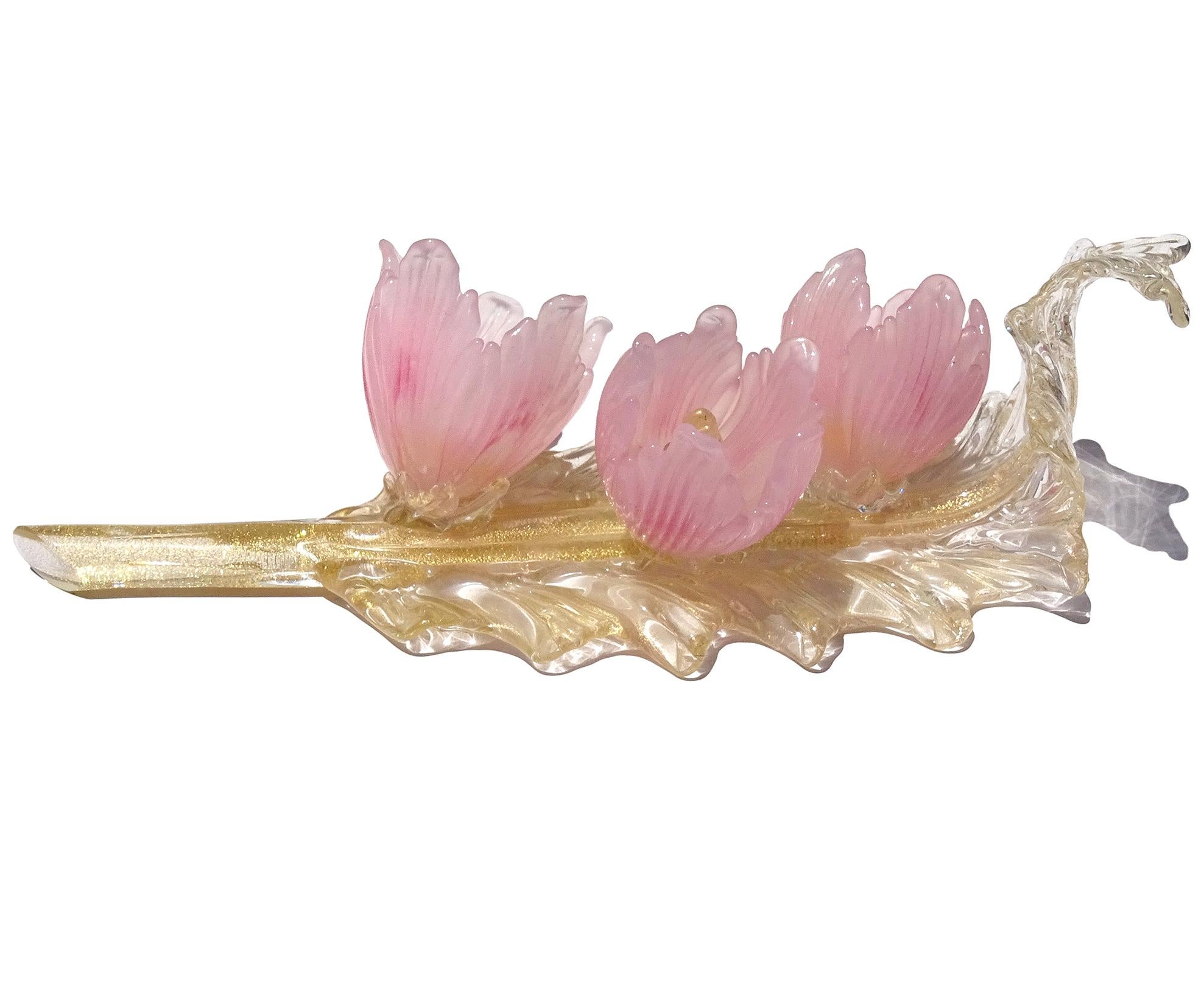 Murano Pink Opal Flowers Gold Flecks Italian Art Glass Centerpiece Sculpture For Sale 2