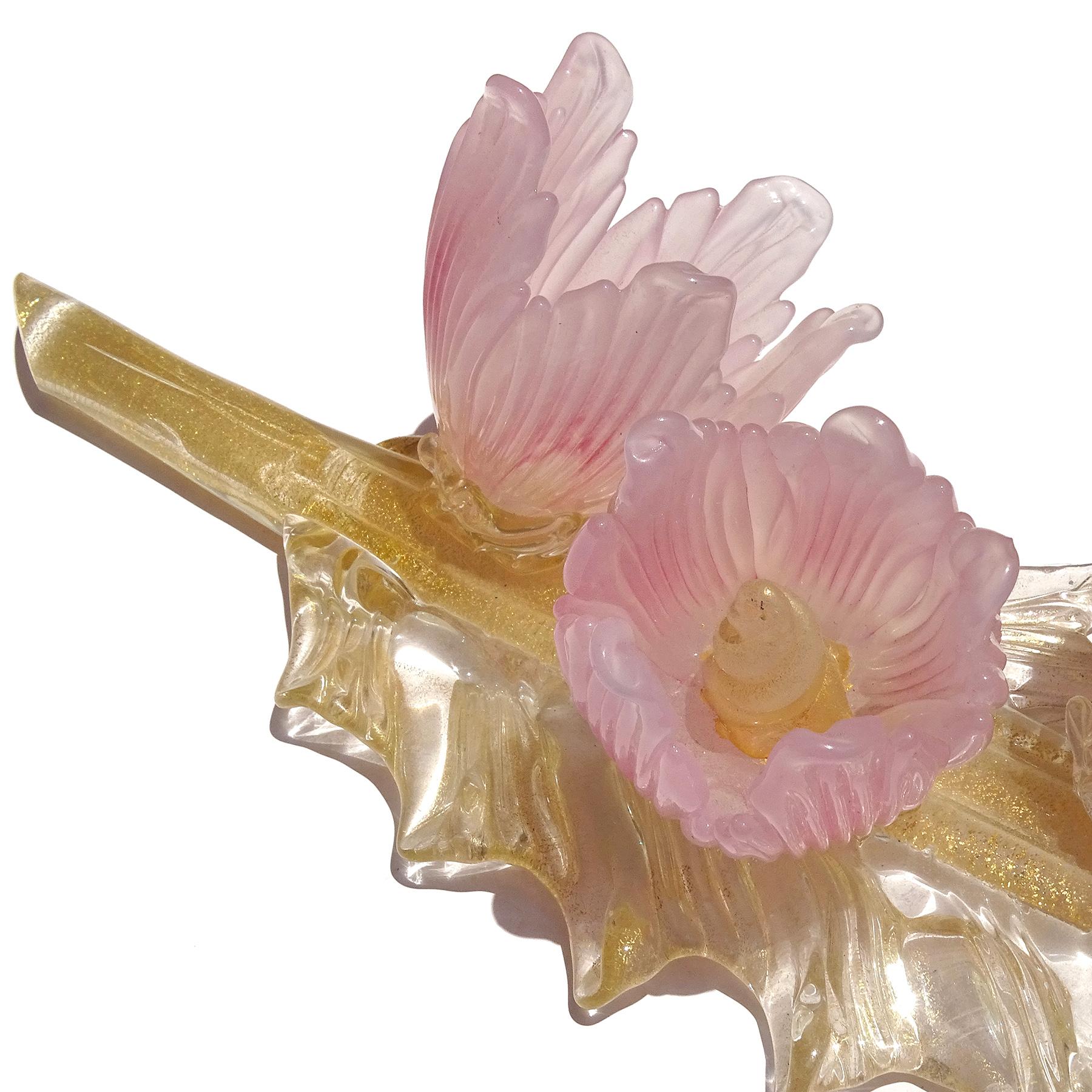 Murano Pink Opal Flowers Gold Flecks Italian Art Glass Centerpiece Sculpture For Sale 3