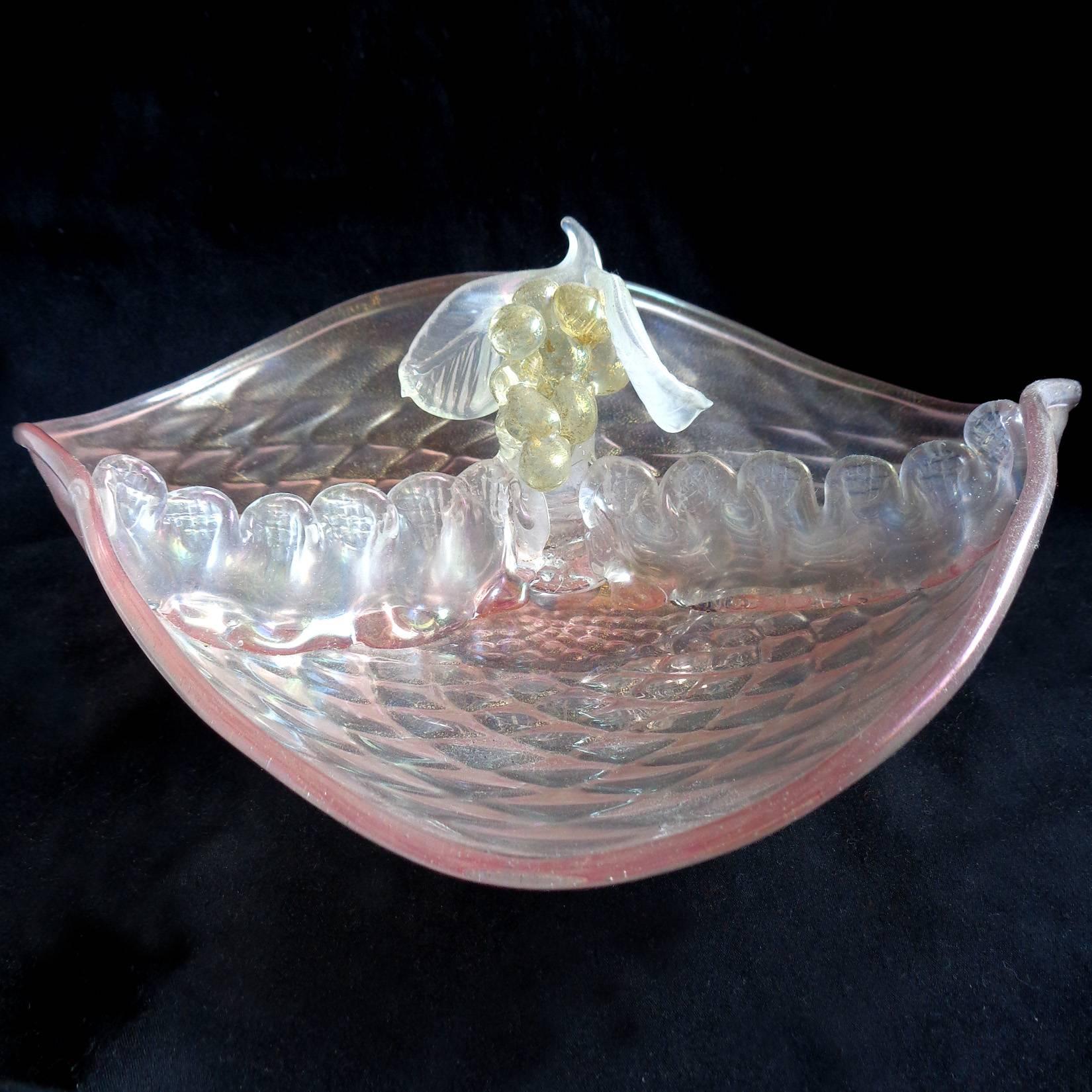 Art Deco Murano Pink Opal Gold Flecks Iridescent Quilted Italian Art Glass Serving Bowl For Sale