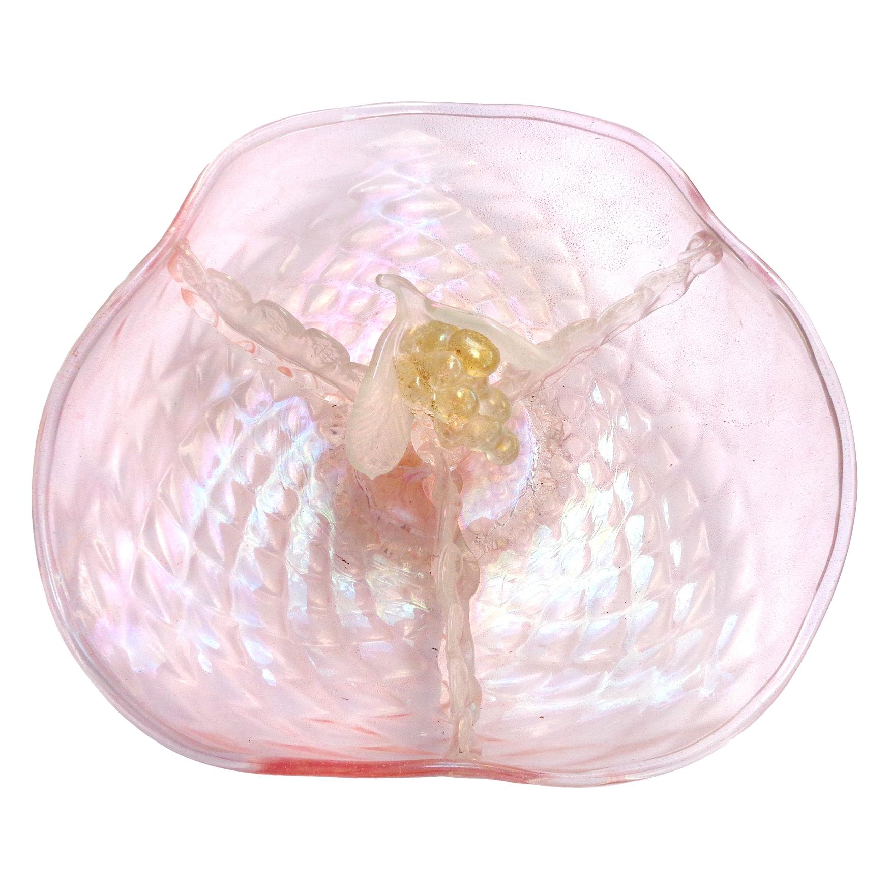 Murano Pink Opal Gold Flecks Iridescent Quilted Italian Art Glass Serving Bowl For Sale