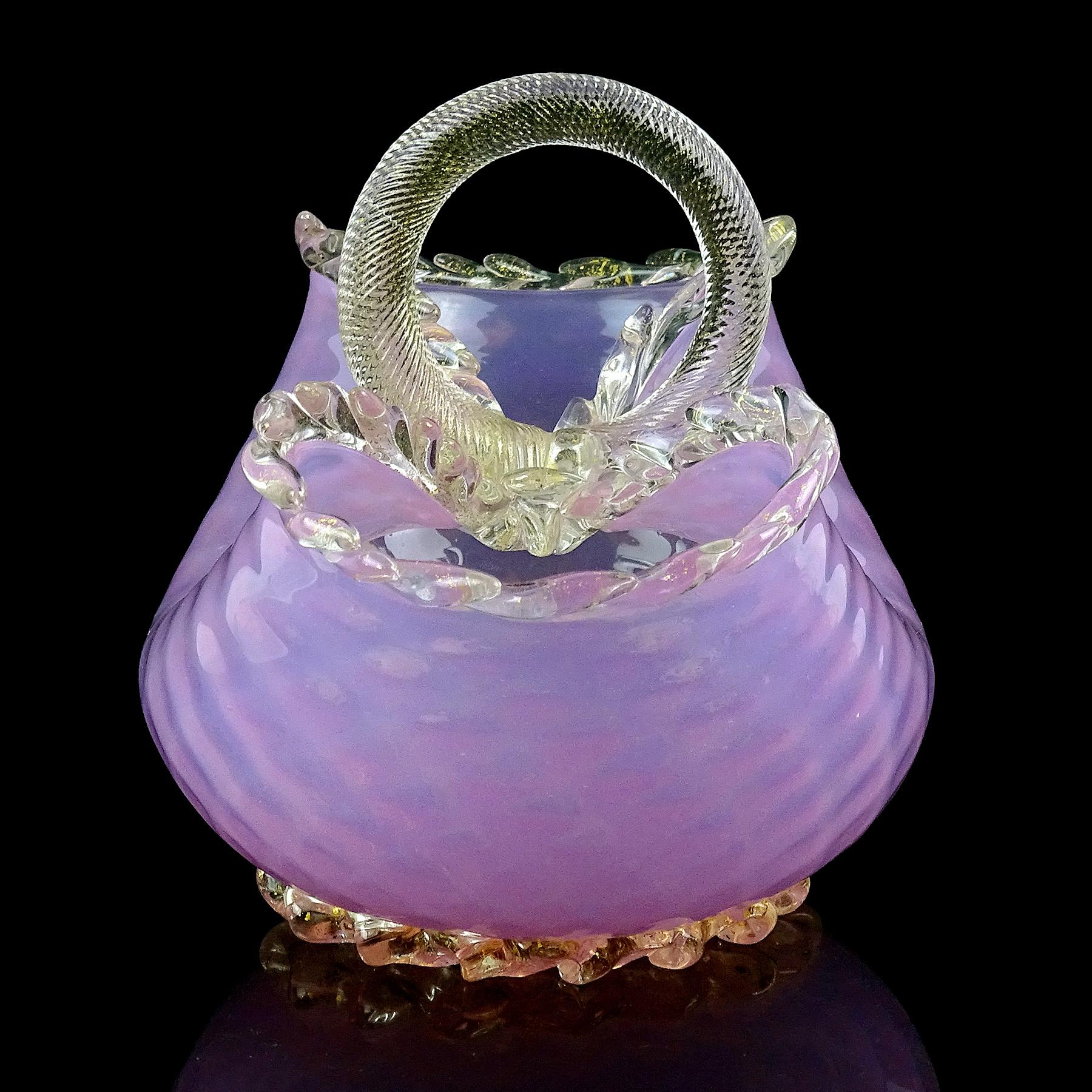 Murano Pink Opalescent Gold Flecks Diamond Quilted Italian Art Glass Basket Vase For Sale 4