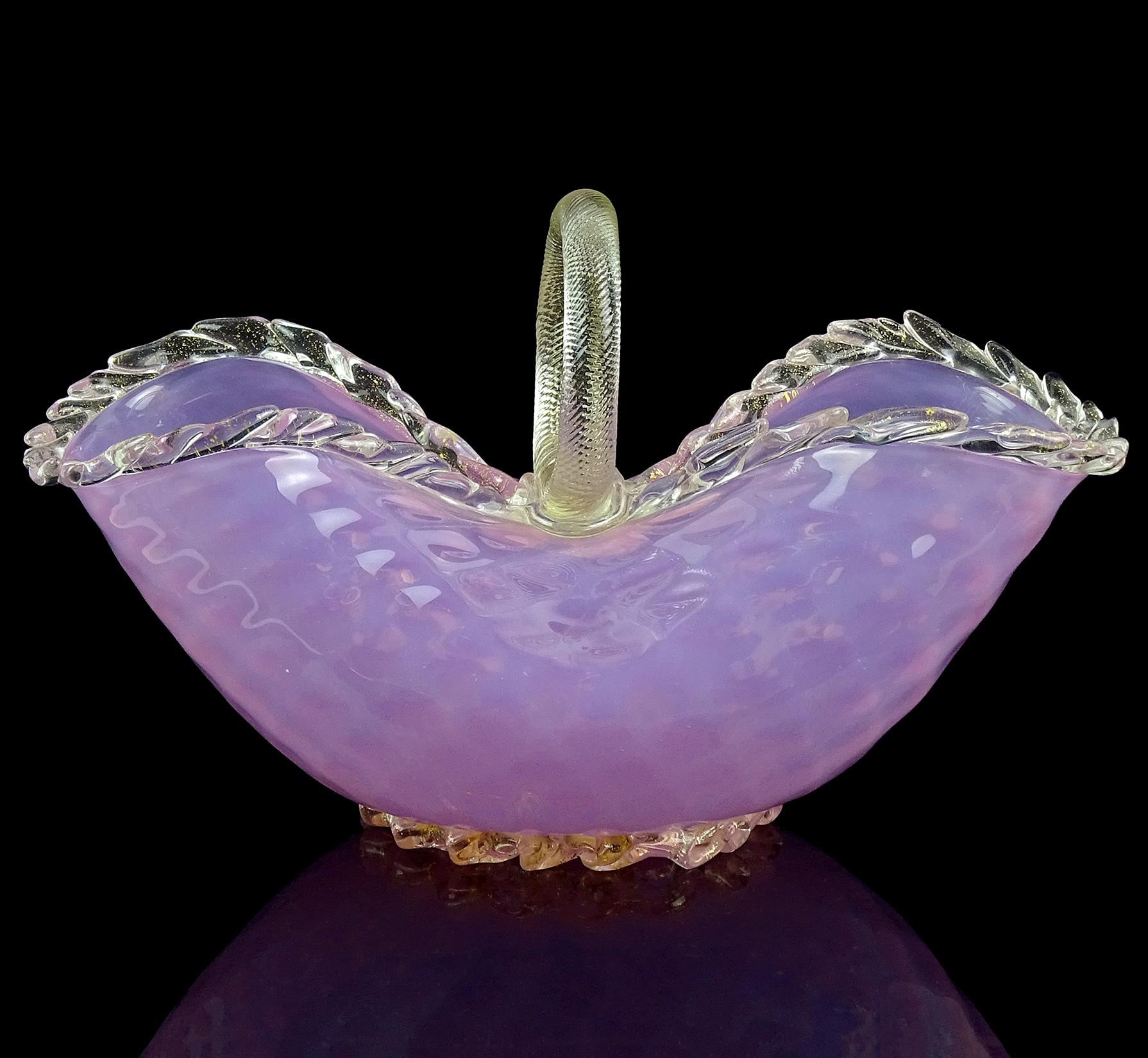 Beautiful and large, vintage Murano hand blown opalescent pink and gold flecks with diamond quilted surface Italian art glass basket, flower vase. The piece is rather large, and has an applied scissor cut rim with gold leaf, as well as rope handle
