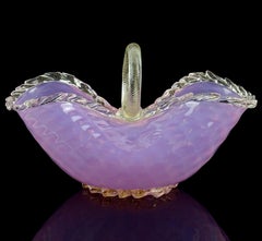 Murano Pink Opalescent Gold Flecks Diamond Quilted Italian Art Glass Basket Vase