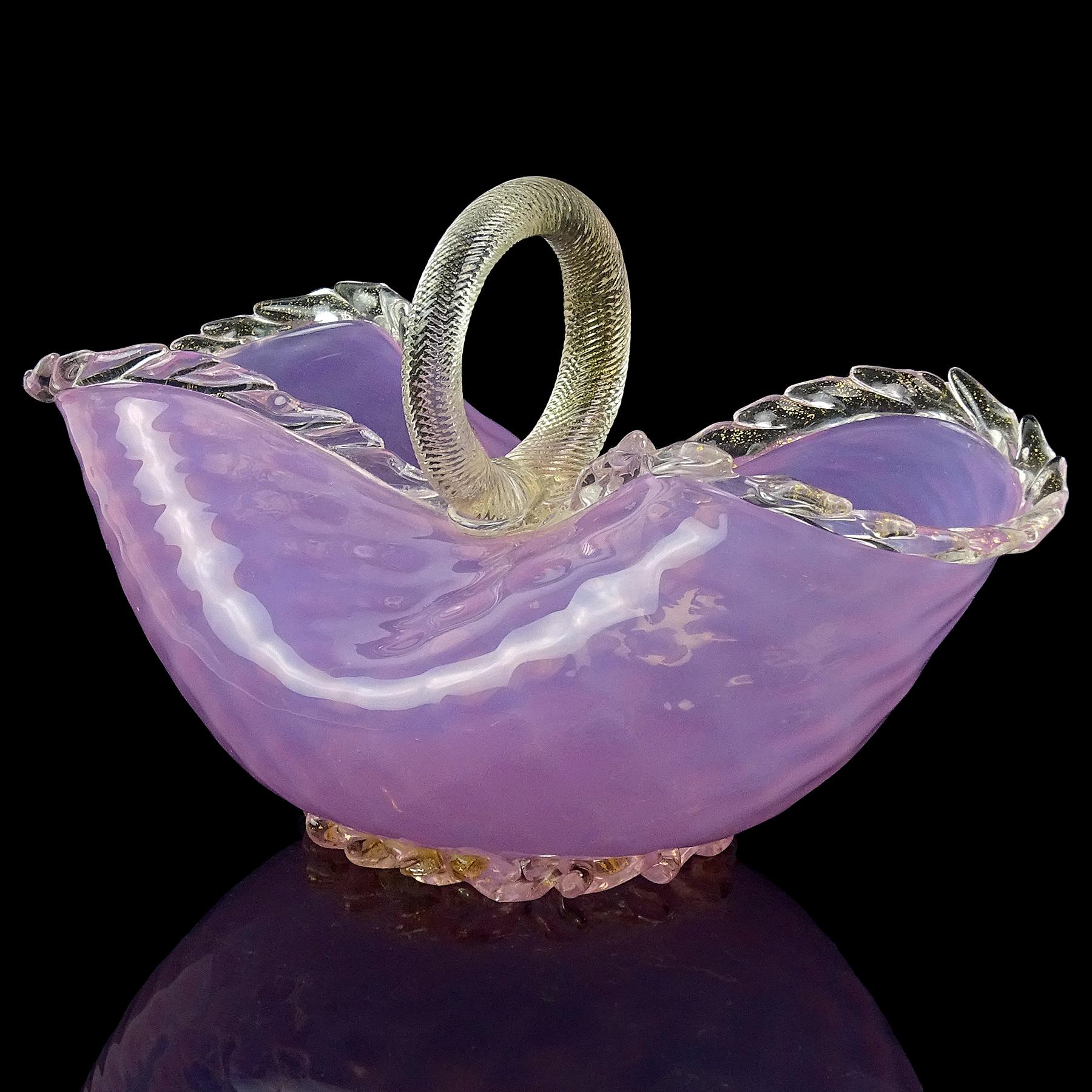 Hand-Crafted Murano Pink Opalescent Gold Flecks Diamond Quilted Italian Art Glass Basket Vase For Sale