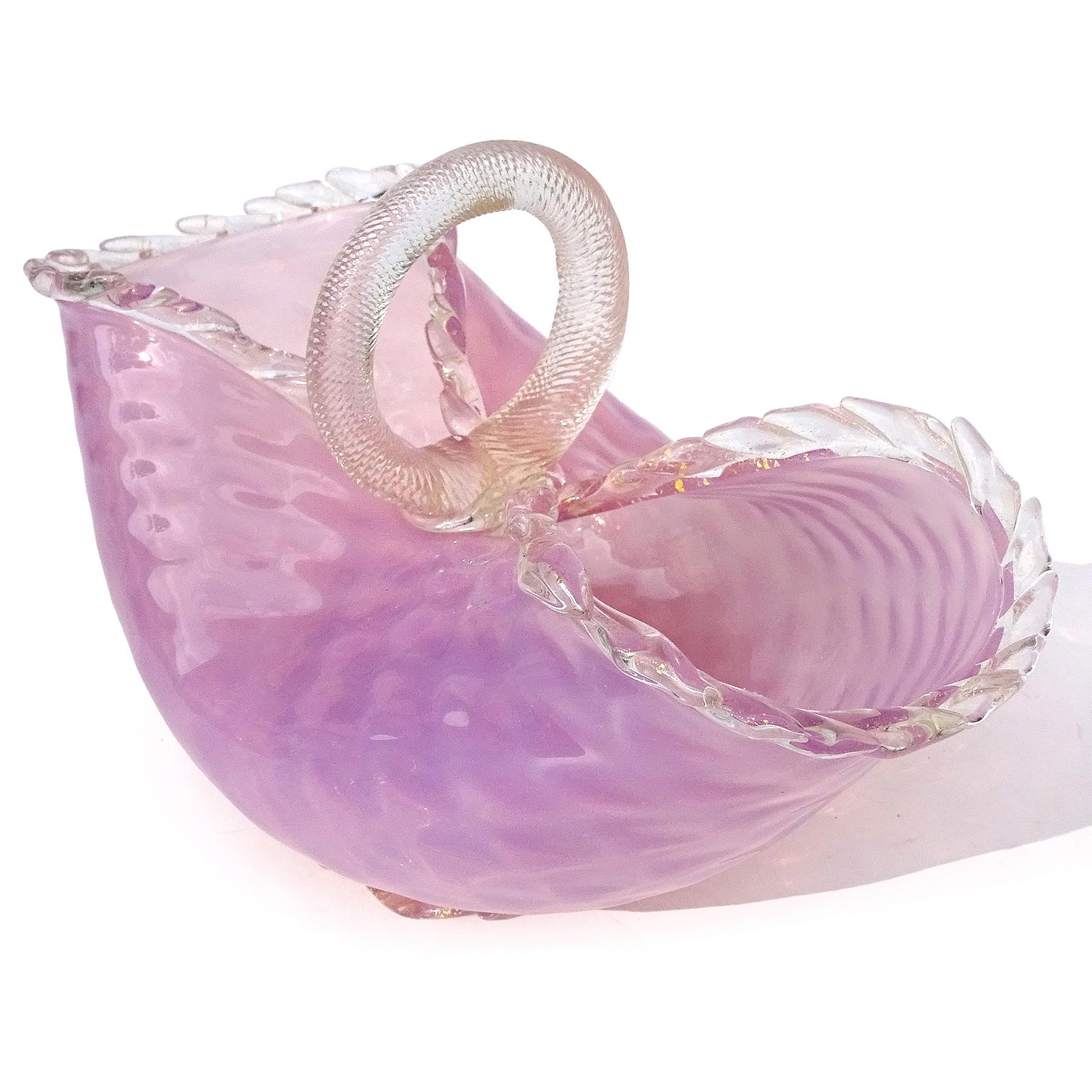 20th Century Murano Pink Opalescent Gold Flecks Diamond Quilted Italian Art Glass Basket Vase For Sale