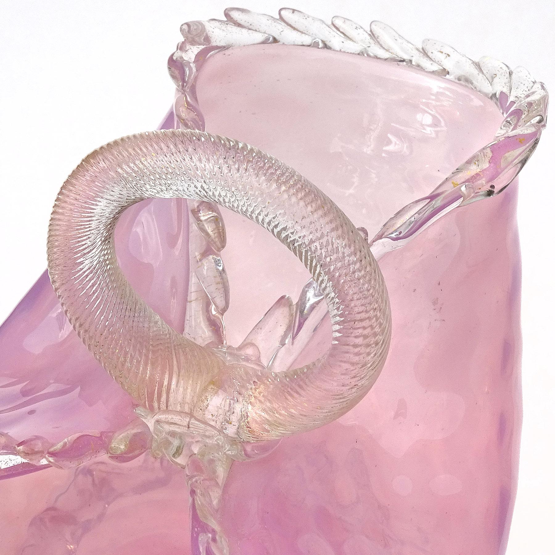 Murano Pink Opalescent Gold Flecks Diamond Quilted Italian Art Glass Basket Vase For Sale 1