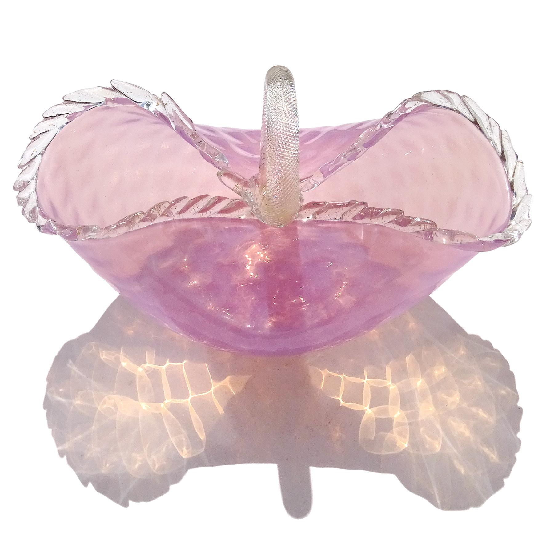 Murano Pink Opalescent Gold Flecks Diamond Quilted Italian Art Glass Basket Vase For Sale 3