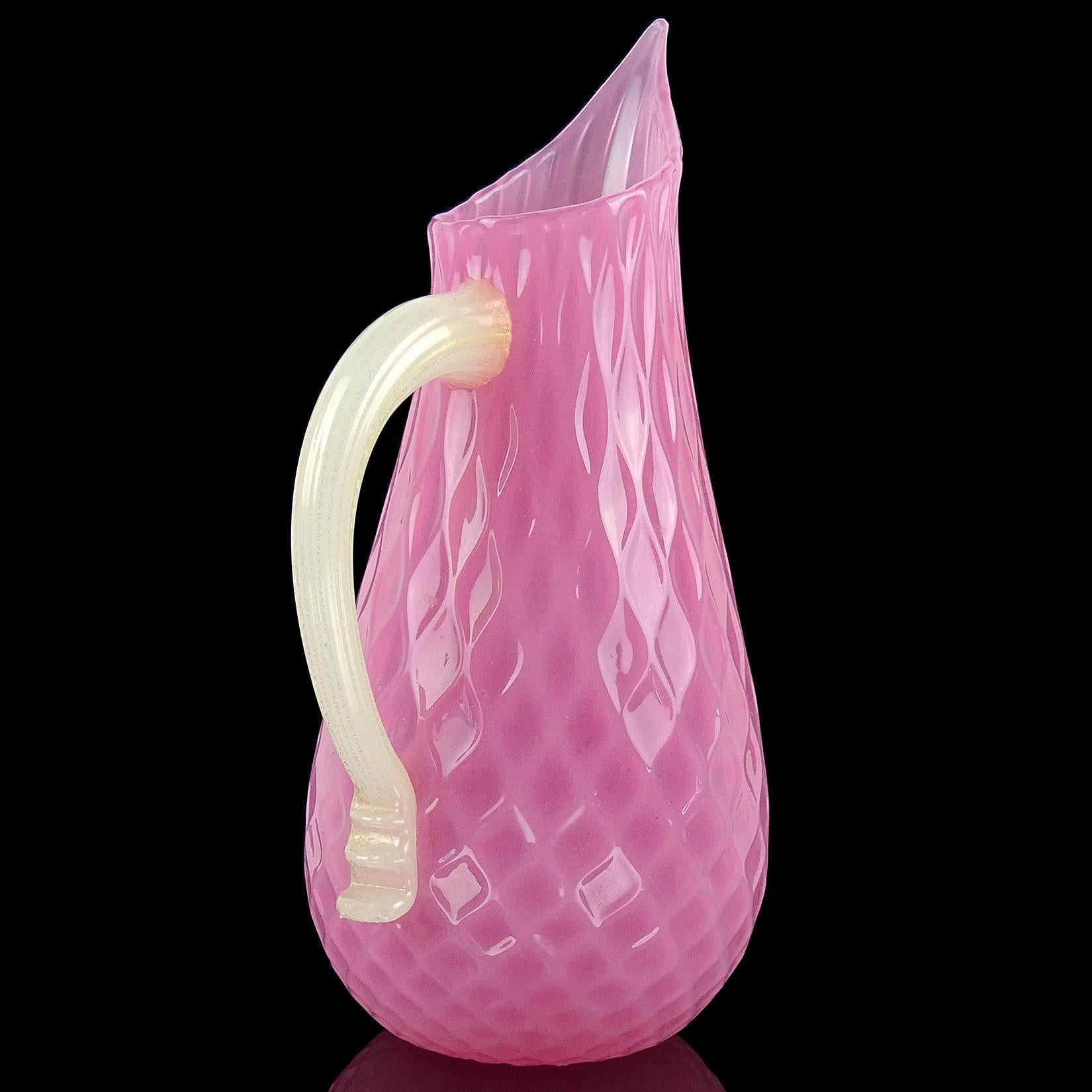 Mid-Century Modern Murano Pink Opalescent Gold Flecks Quilted Italian Art Glass Pitcher Flower Vase For Sale