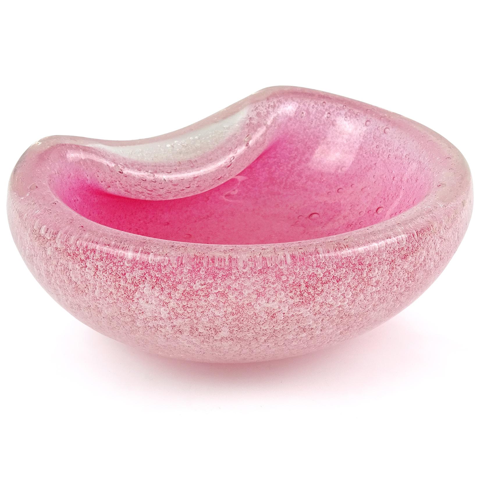 Hand-Crafted Murano Pink Pulegoso Bubbles Technique Italian Art Glass Bowl Vide Poche Dish