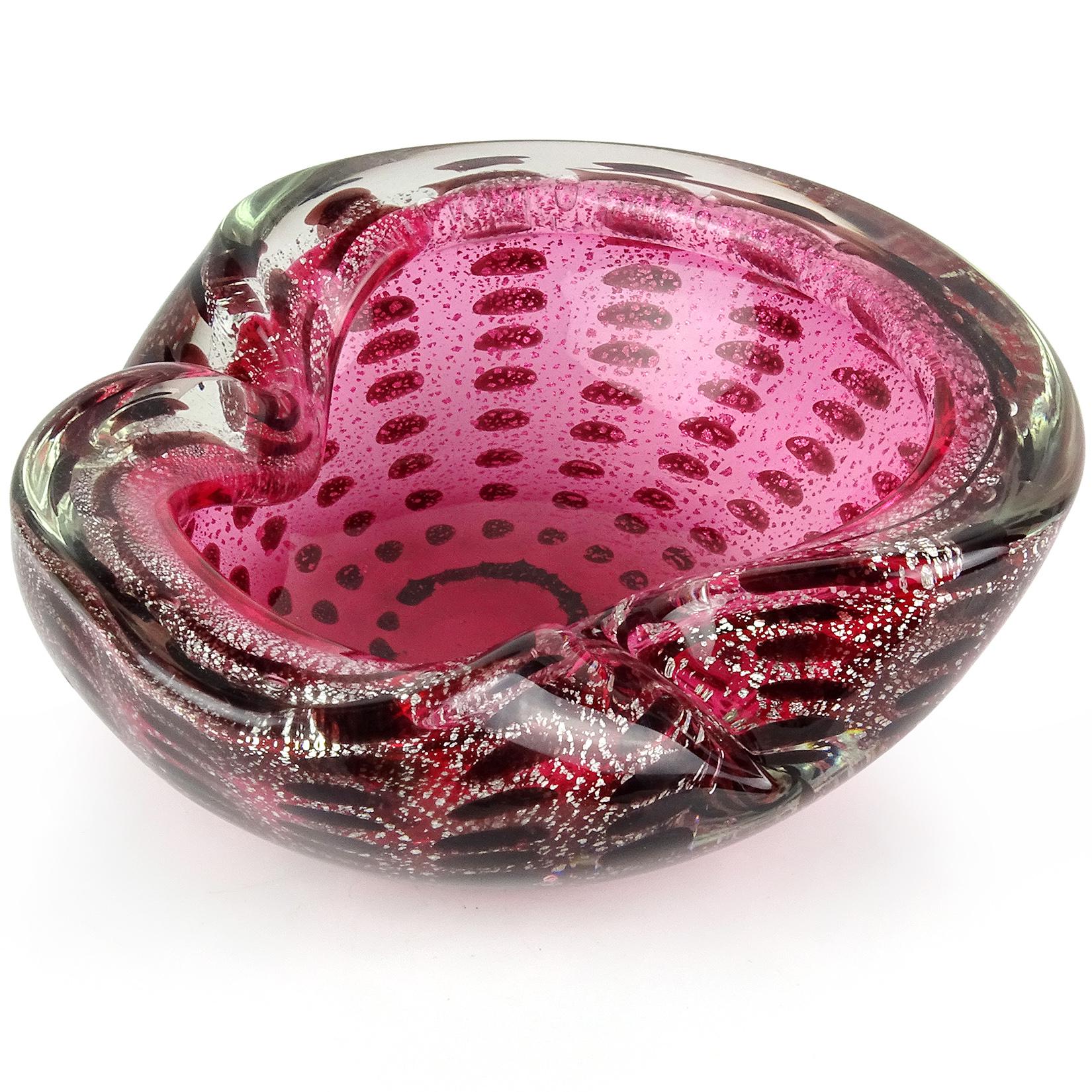 Mid-Century Modern Murano Pink Silver Flecks Dark Purple Spots Italian Art Glass Bowl Ashtray