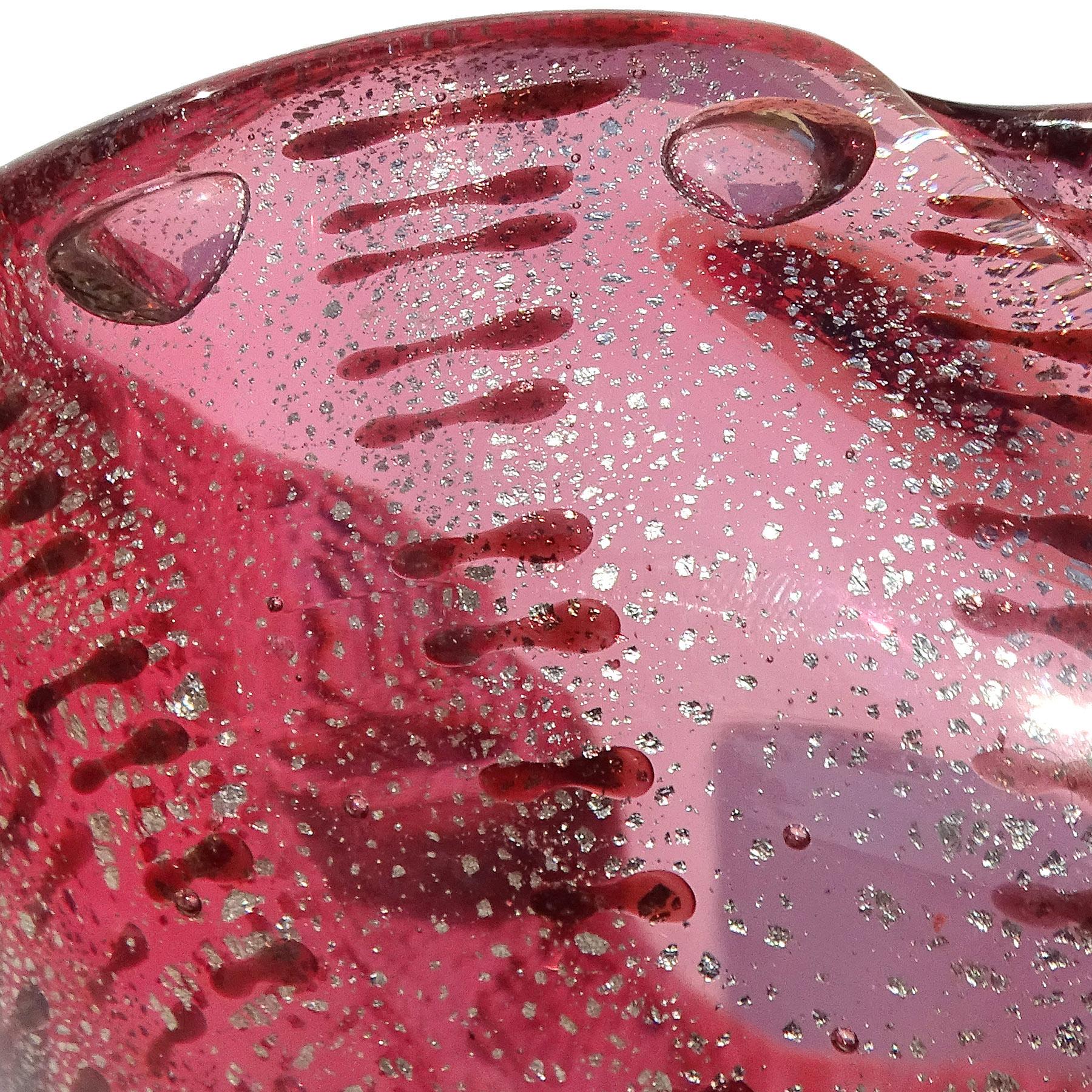 Mid-Century Modern Murano Pink Silver Flecks Dark Purple Spots Italian Art Glass Bowl Ashtray For Sale