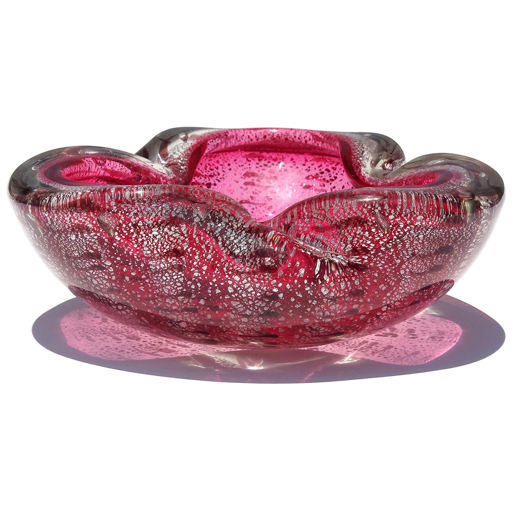 Hand-Crafted Murano Pink Silver Flecks Dark Purple Spots Italian Art Glass Bowl Ashtray