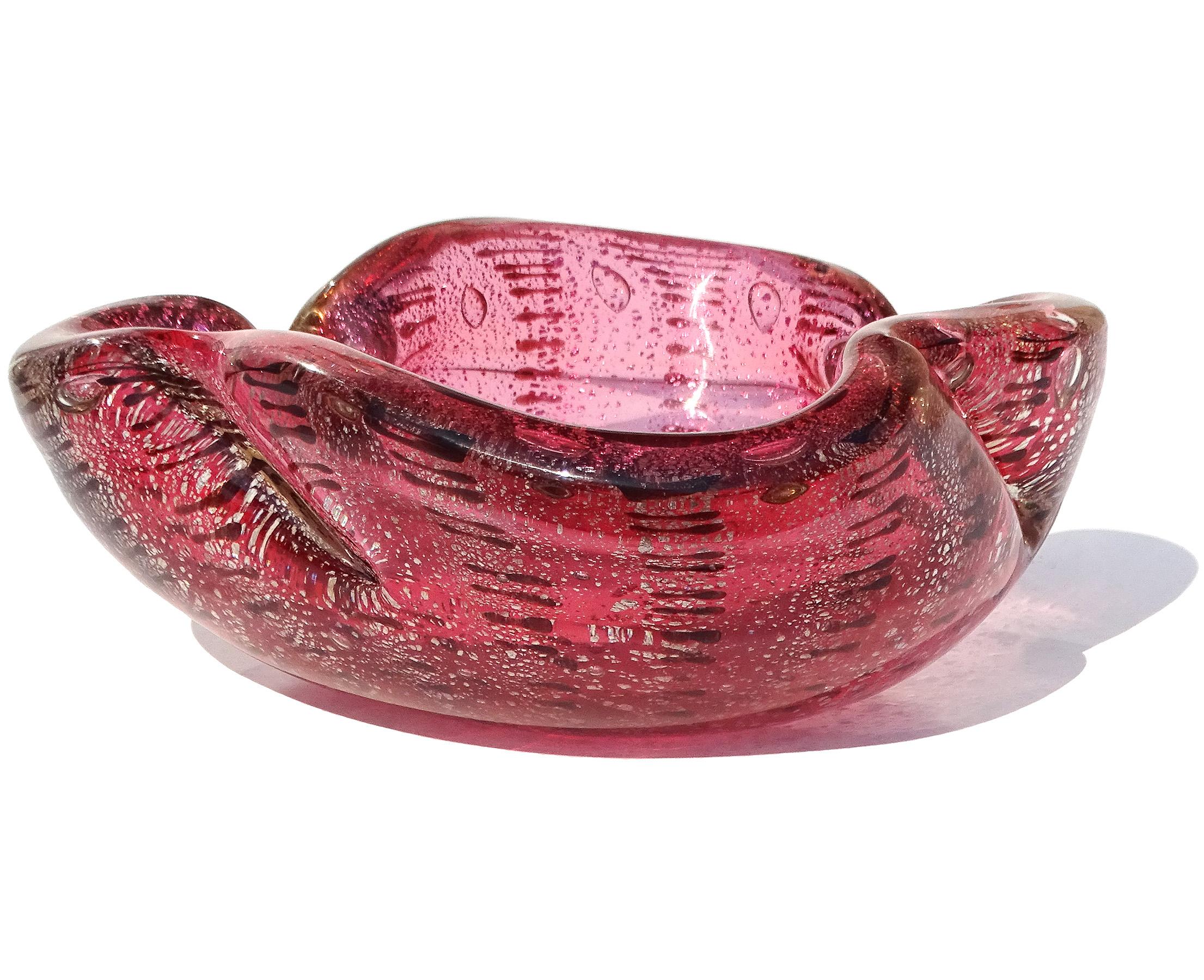 Hand-Crafted Murano Pink Silver Flecks Dark Purple Spots Italian Art Glass Bowl Ashtray For Sale