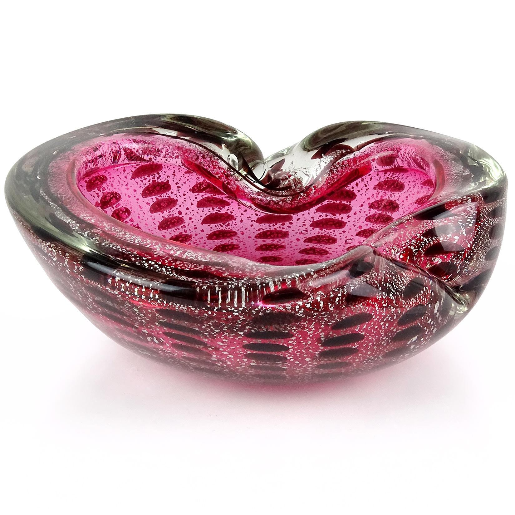 Murano Pink Silver Flecks Dark Purple Spots Italian Art Glass Bowl Ashtray In Good Condition In Kissimmee, FL