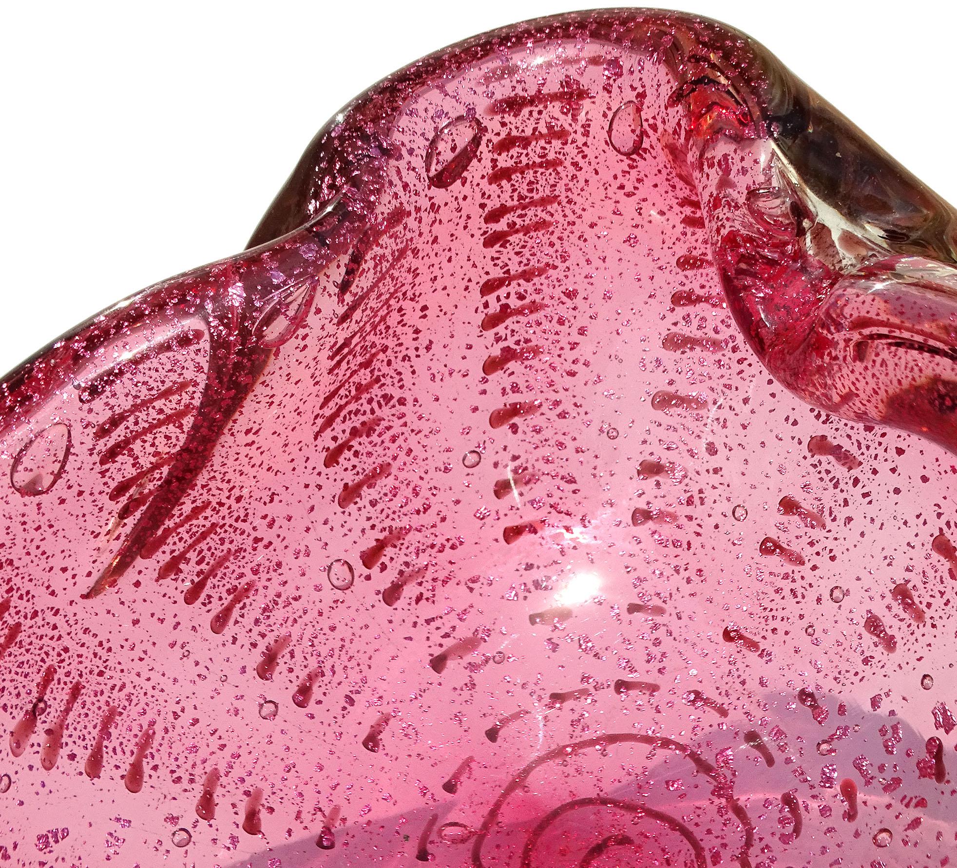 Murano Pink Silver Flecks Dark Purple Spots Italian Art Glass Bowl Ashtray In Good Condition For Sale In Kissimmee, FL