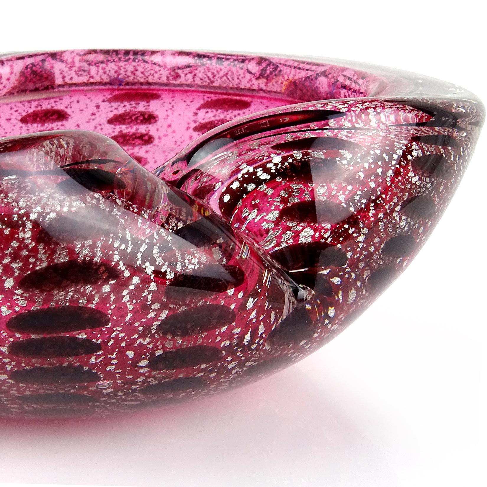 20th Century Murano Pink Silver Flecks Dark Purple Spots Italian Art Glass Bowl Ashtray