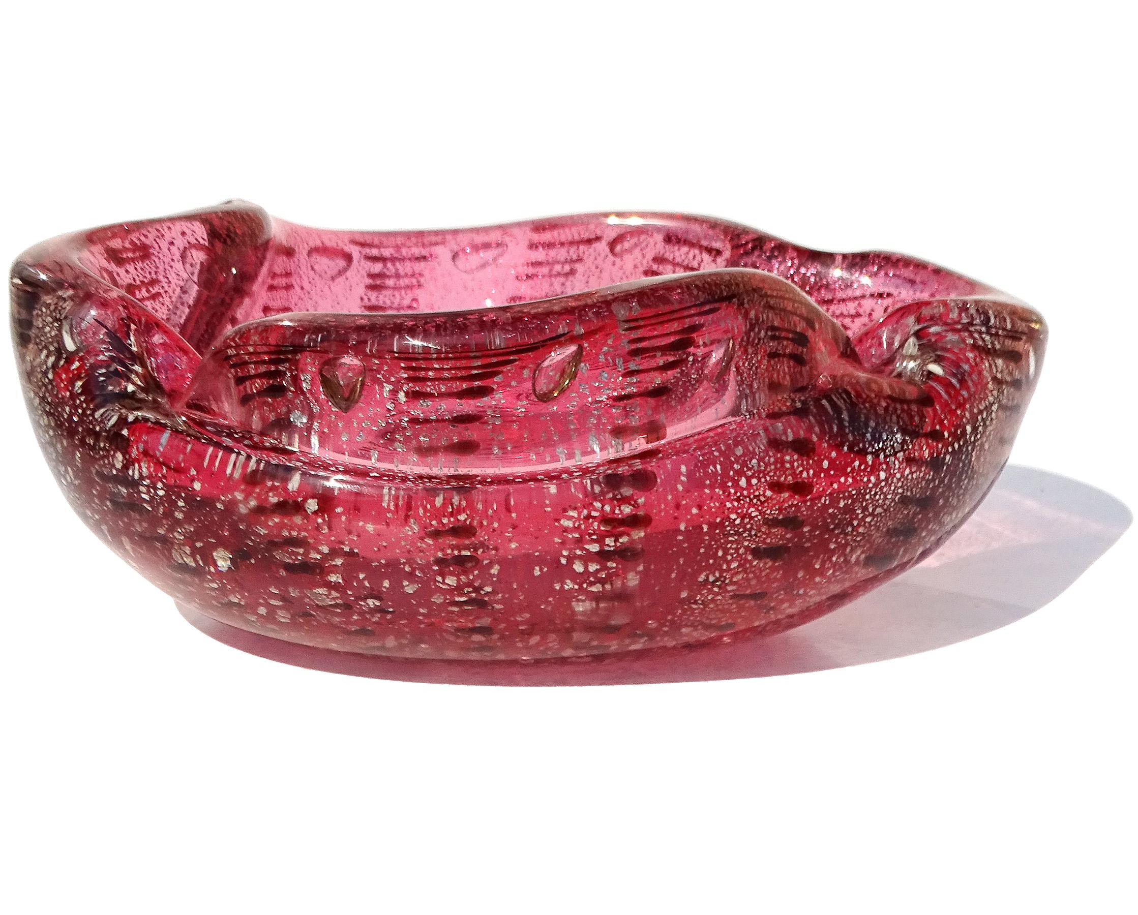 20th Century Murano Pink Silver Flecks Dark Purple Spots Italian Art Glass Bowl Ashtray For Sale