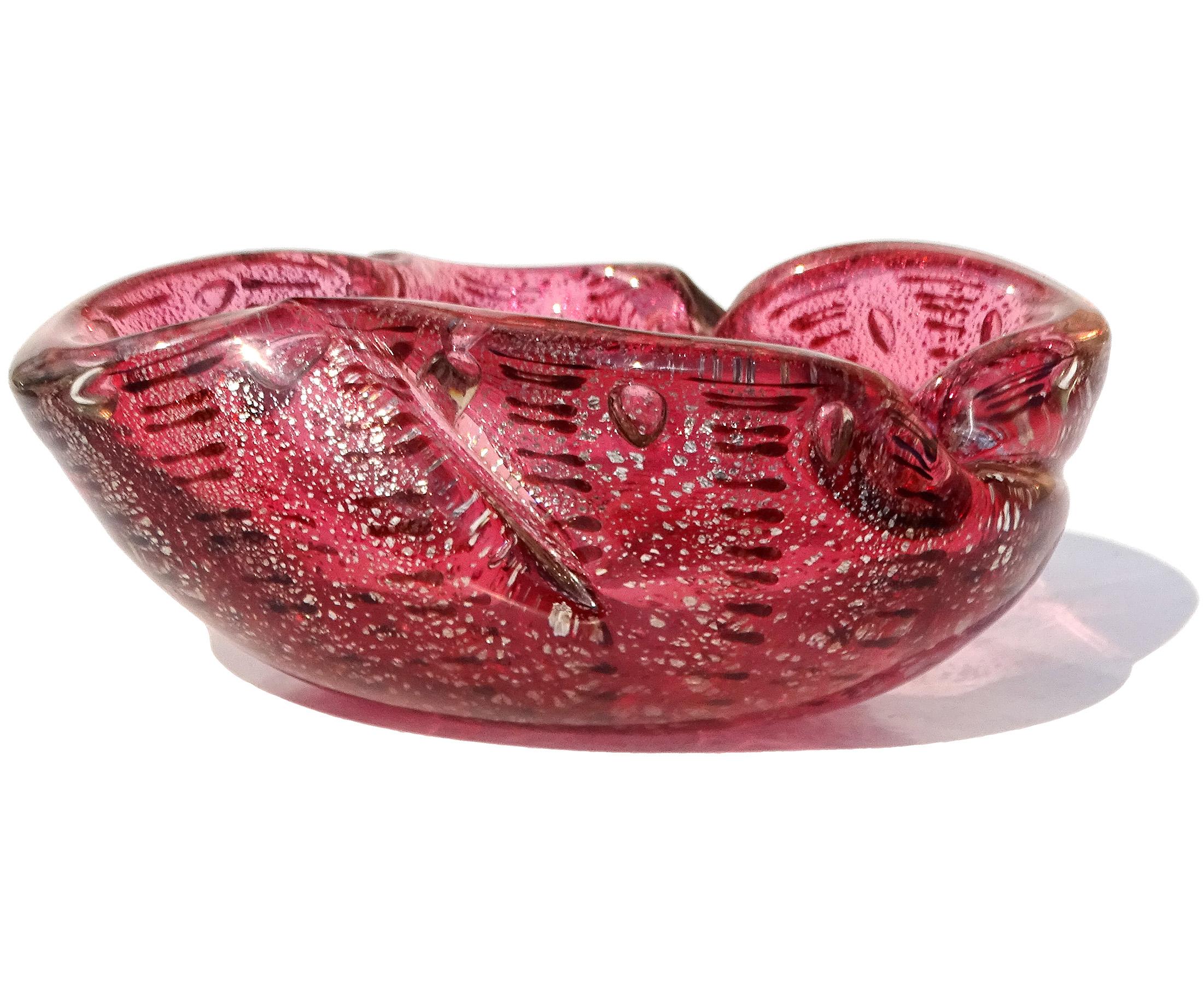 Murano Pink Silver Flecks Dark Purple Spots Italian Art Glass Bowl Ashtray For Sale 1