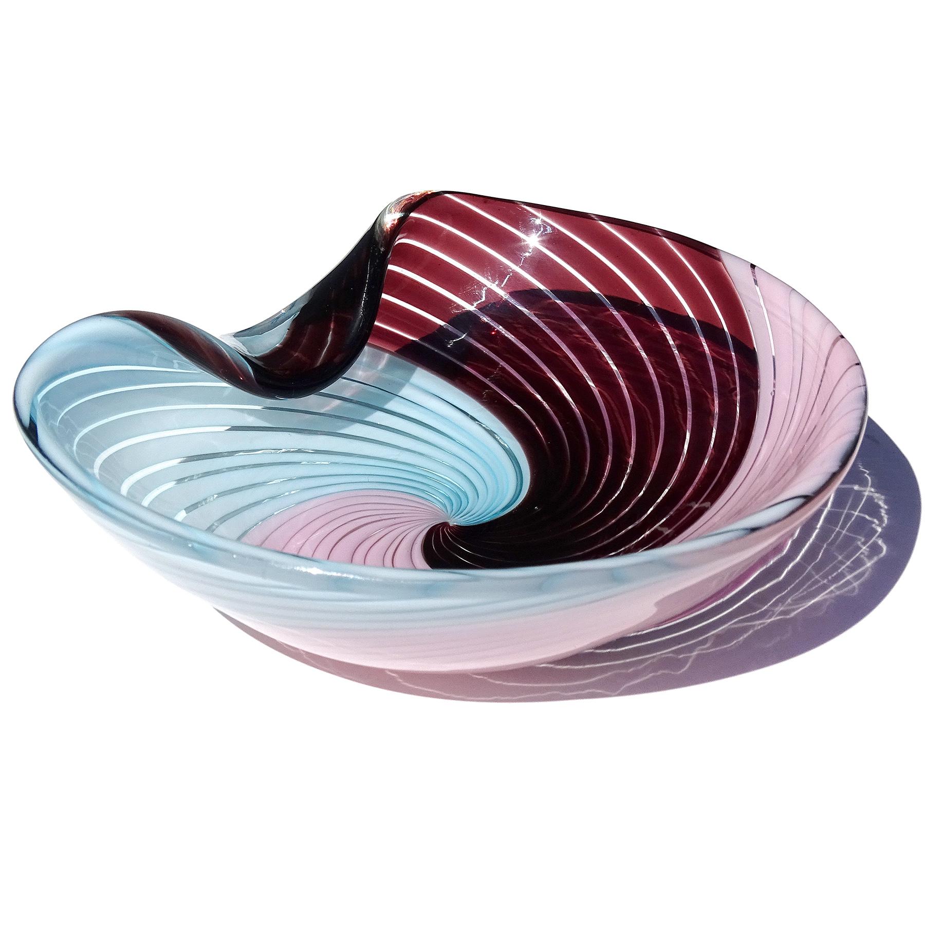 Mid-Century Modern Murano Pink Sky Blue Dark Purple Ribbons Swirl Pattern Italian Art Glass Bowl