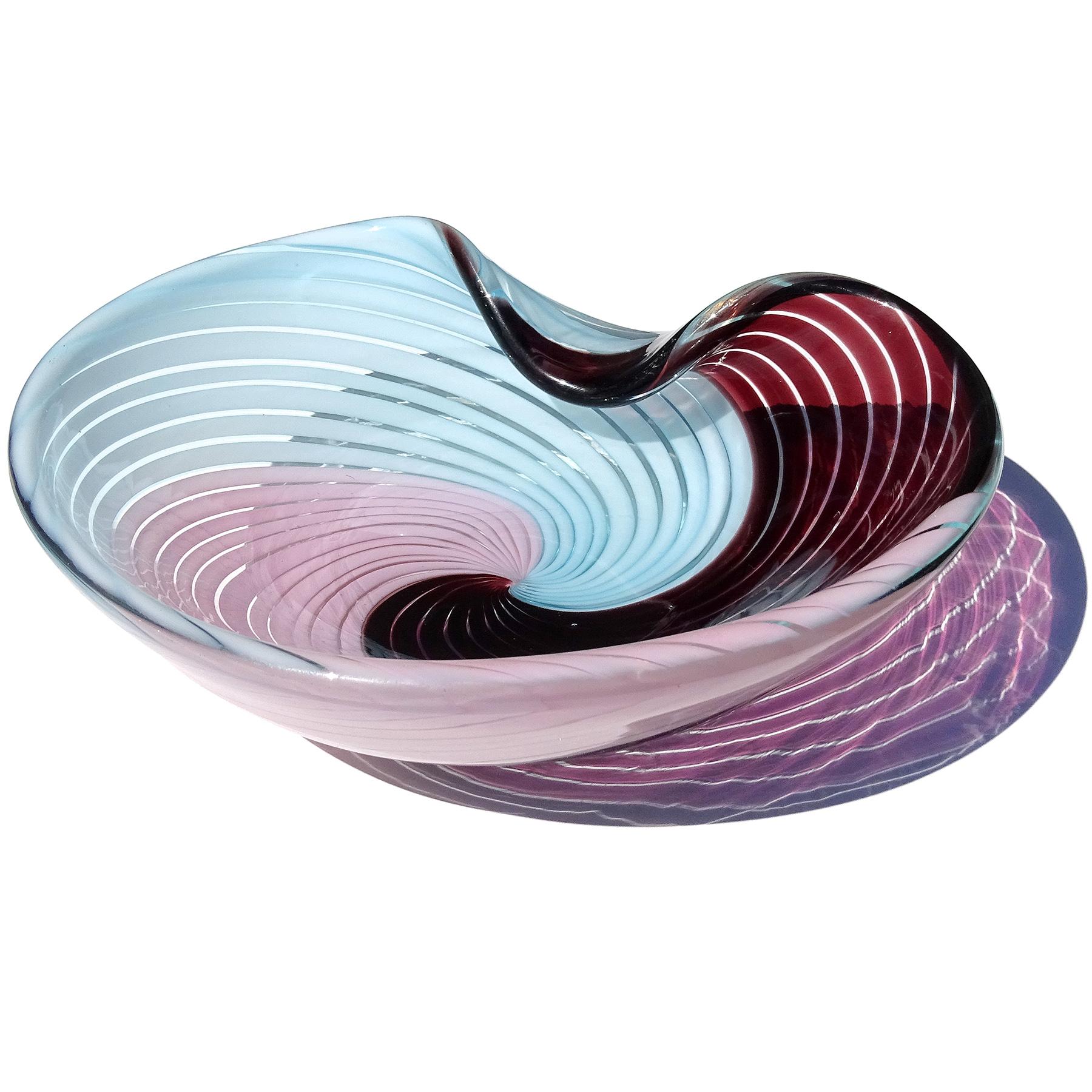 Hand-Crafted Murano Pink Sky Blue Dark Purple Ribbons Swirl Pattern Italian Art Glass Bowl