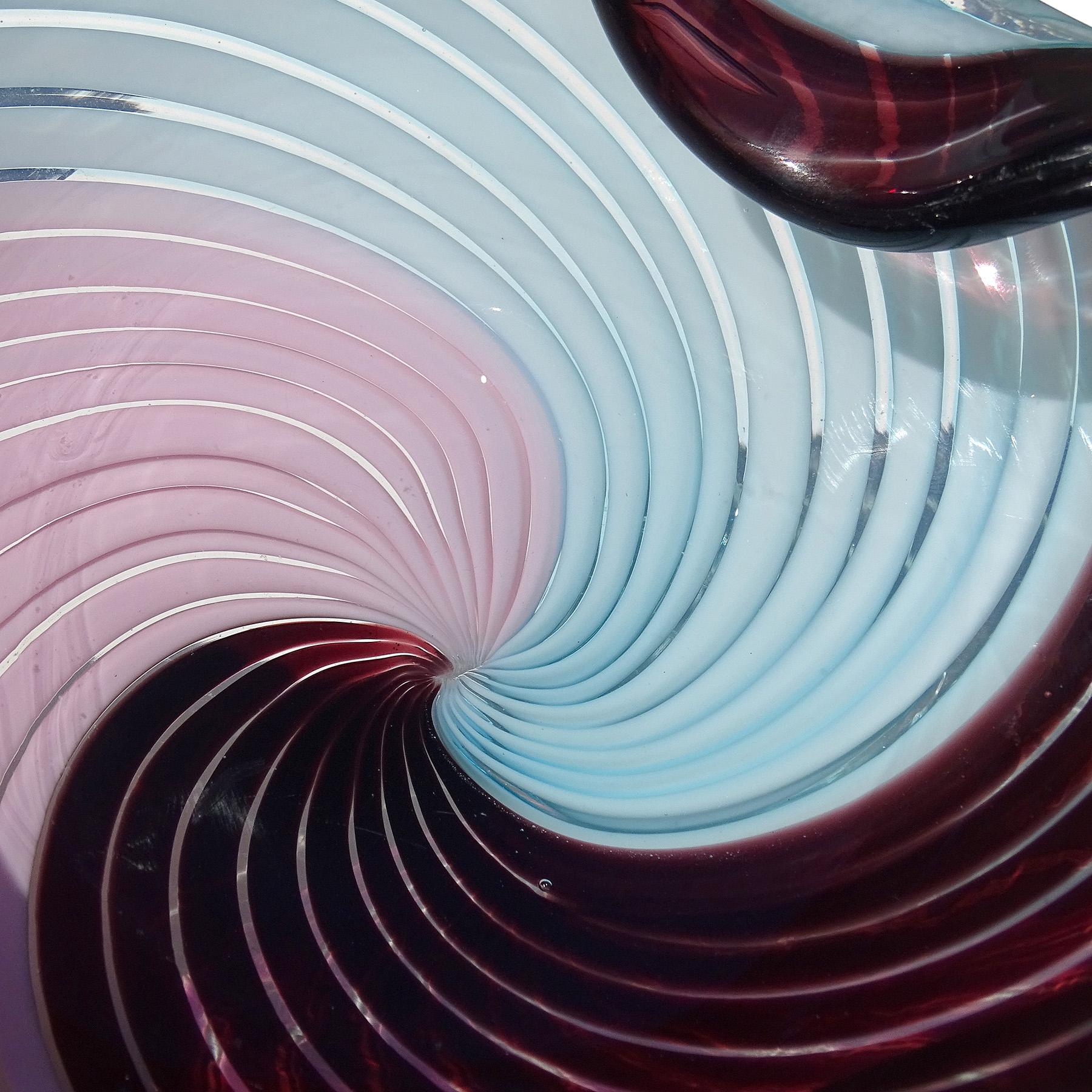 Murano Pink Sky Blue Dark Purple Ribbons Swirl Pattern Italian Art Glass Bowl In Good Condition In Kissimmee, FL
