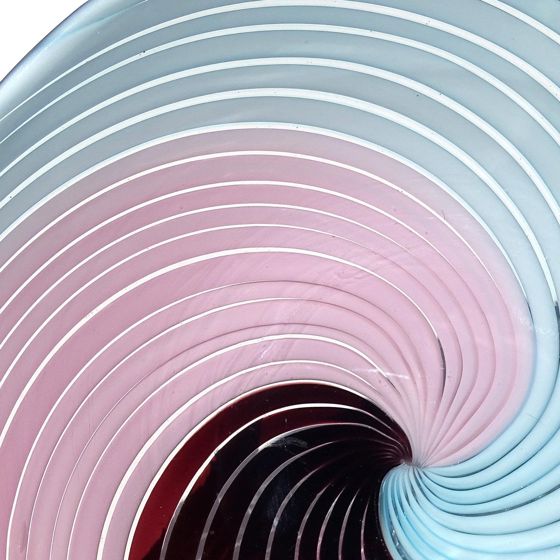 Murano Pink Sky Blue Dark Purple Ribbons Swirl Pattern Italian Art Glass Bowl 1