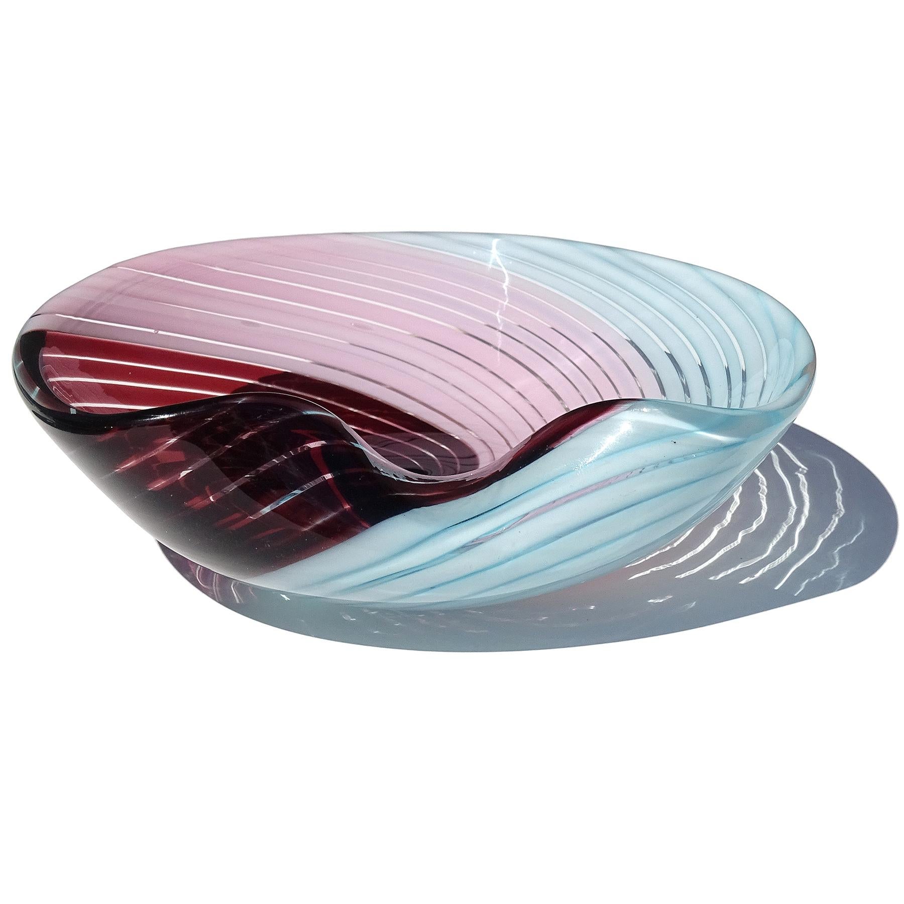 Murano Pink Sky Blue Dark Purple Ribbons Swirl Pattern Italian Art Glass Bowl 2